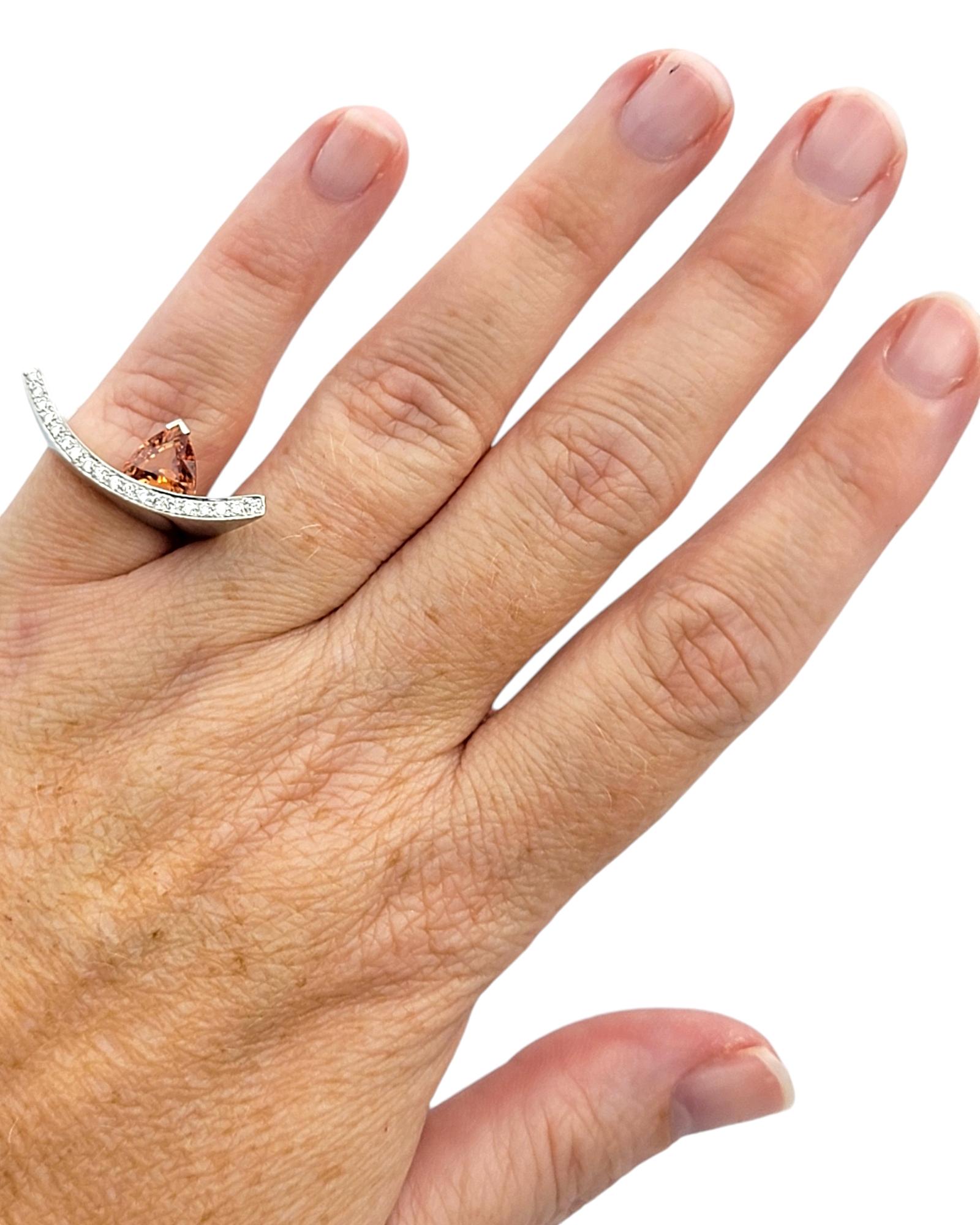 Contemporary Trillion Cut Spessitite and Pave Diamond Ring in 18 Karat Gold For Sale 5
