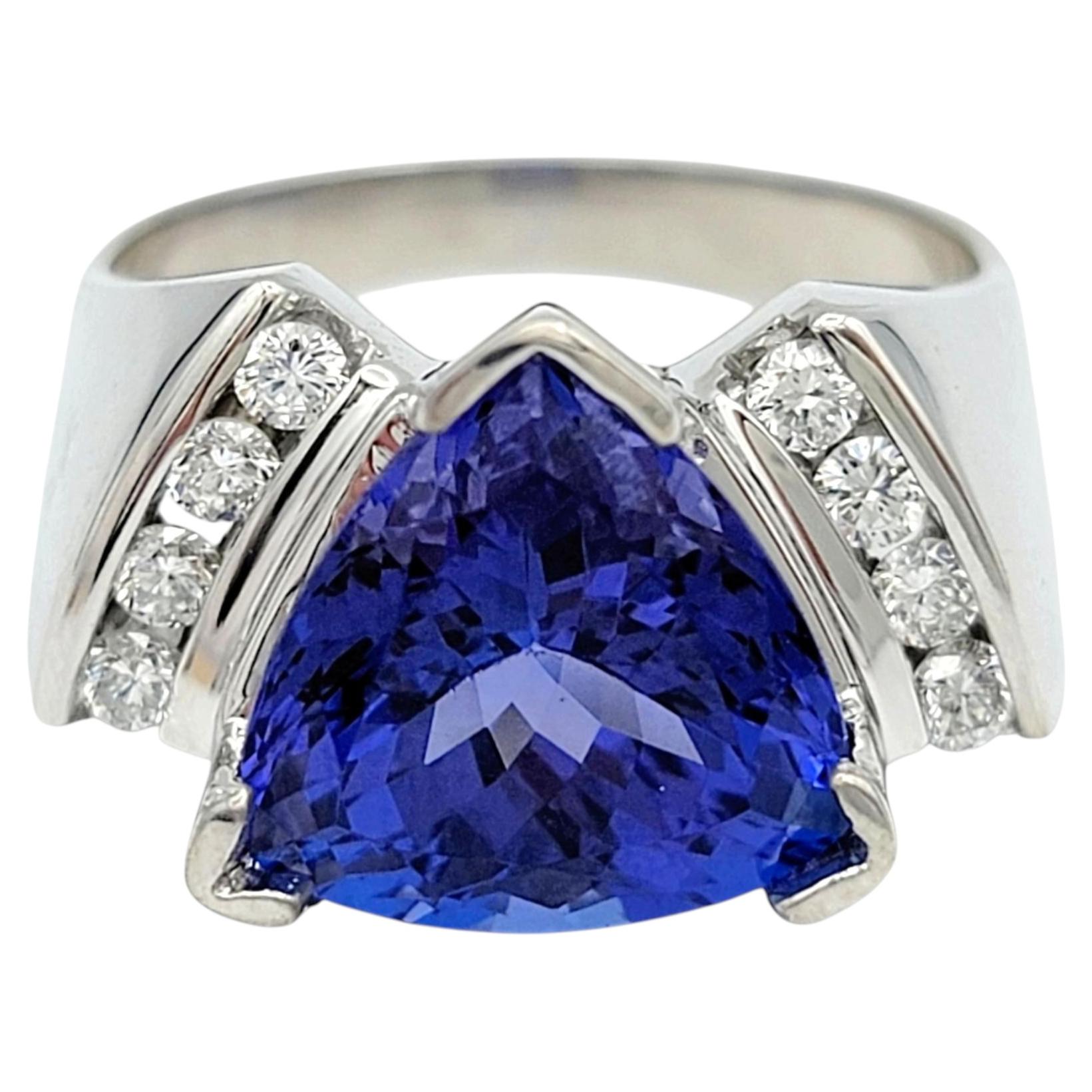 Contemporary Trillion Cut Tanzanite and Diamond Ring in 14 Karat White Gold