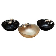 Contemporary Trio of Horn Bowls with Sterling Silver Vines and Stone Berries