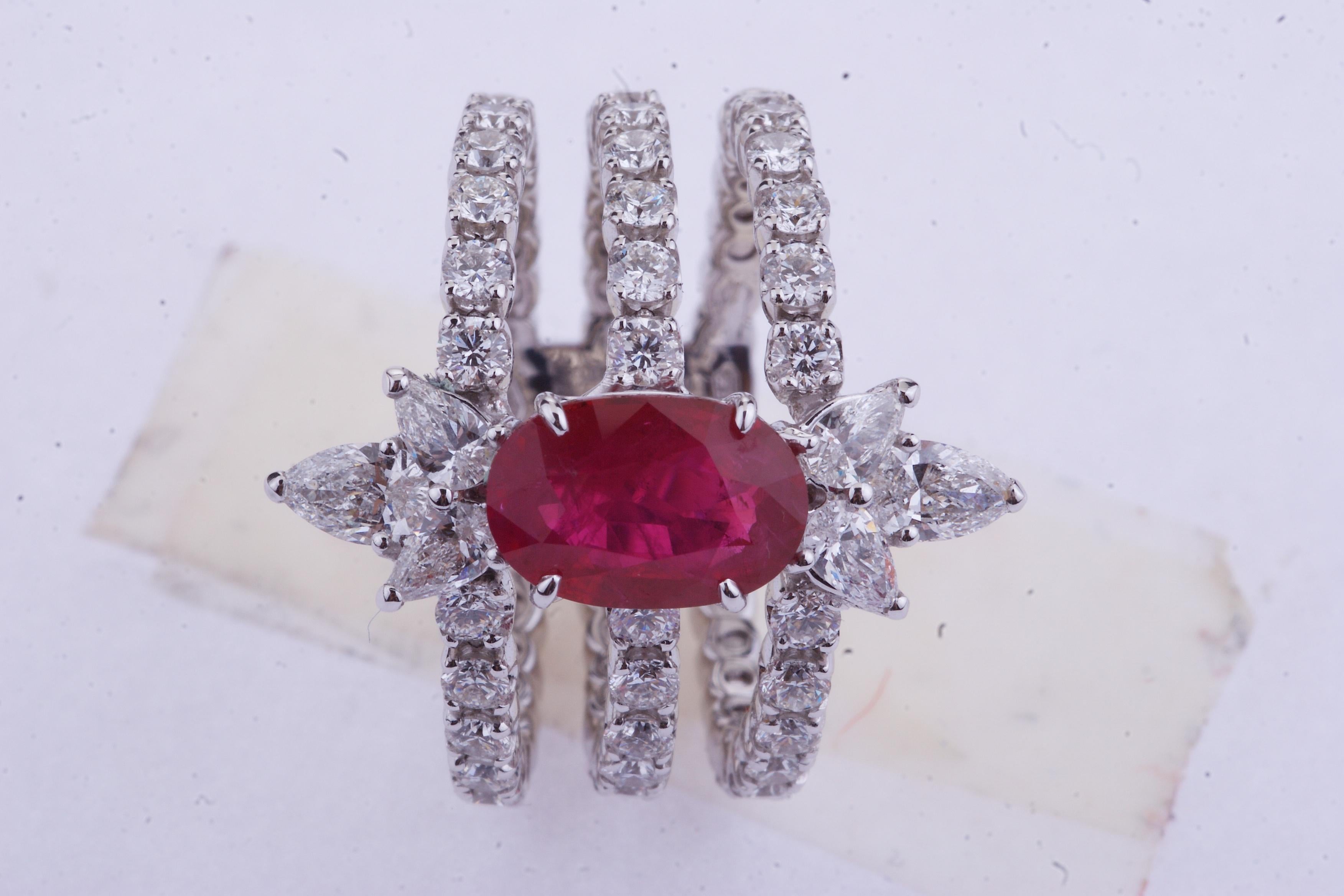 Art Deco Contemporary Triple Ring with Diamonds and Burma Ruby with Certificate GRS For Sale