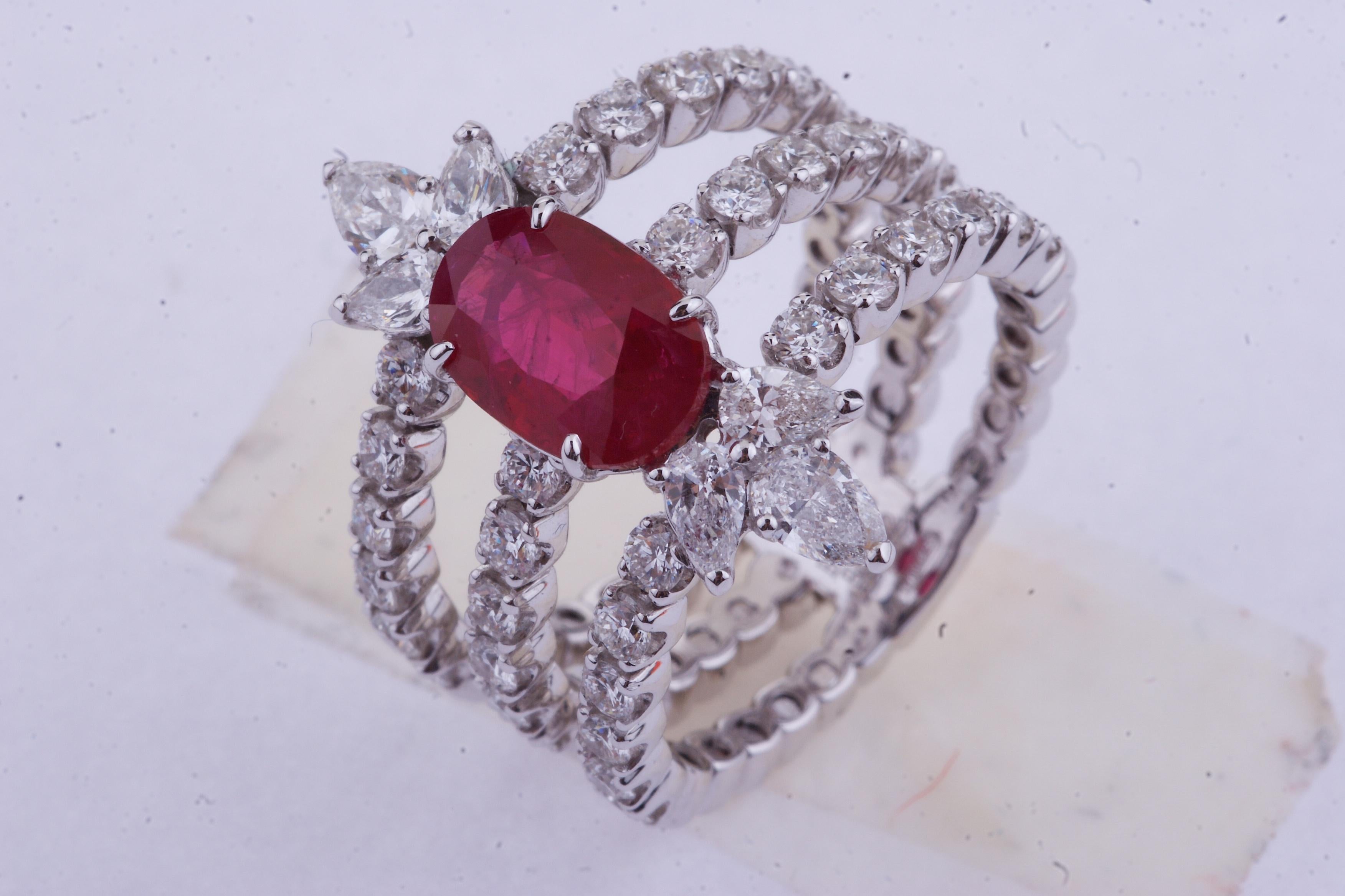 Oval Cut Contemporary Triple Ring with Diamonds and Burma Ruby with Certificate GRS For Sale
