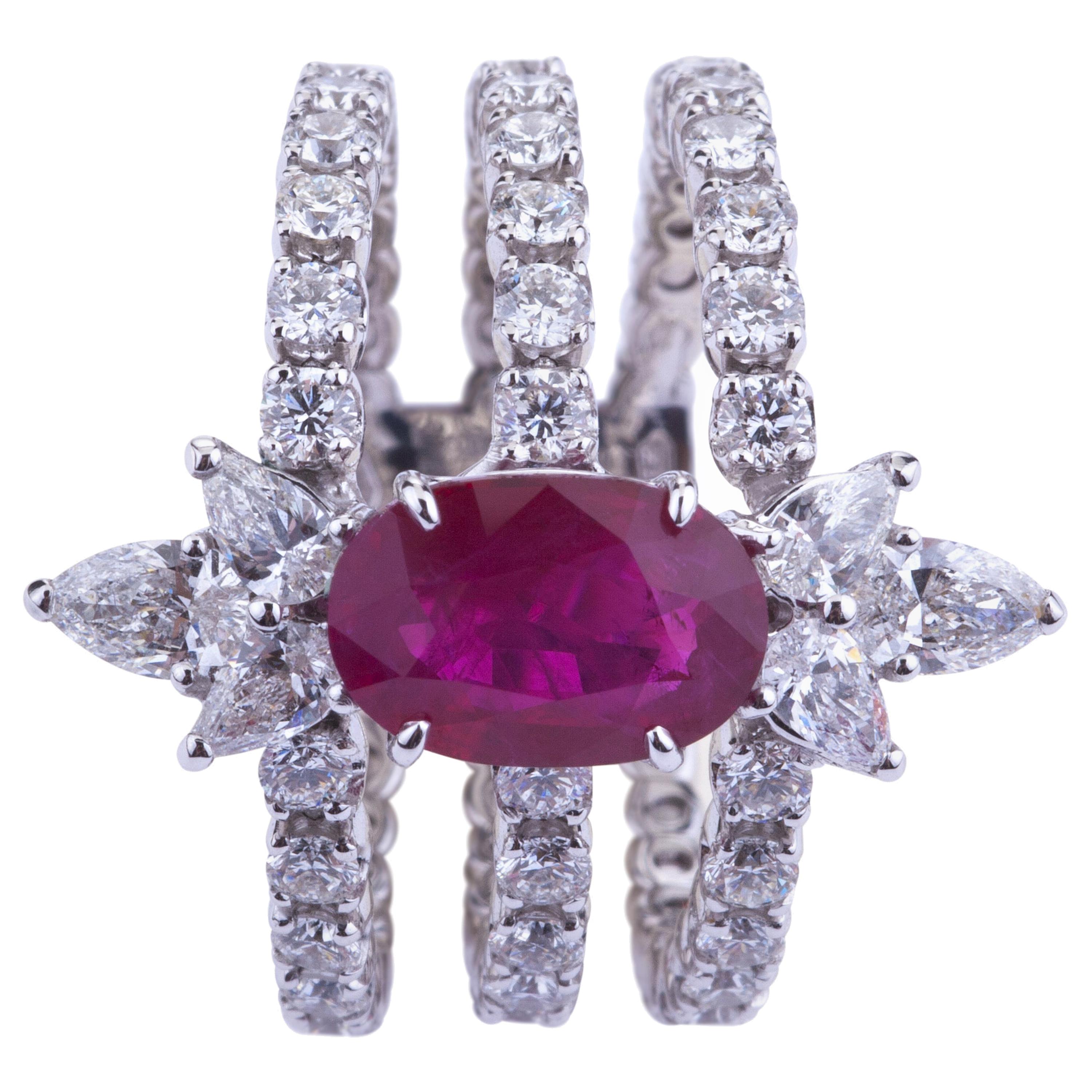 Contemporary Triple Ring with Diamonds and Burma Ruby with Certificate GRS For Sale