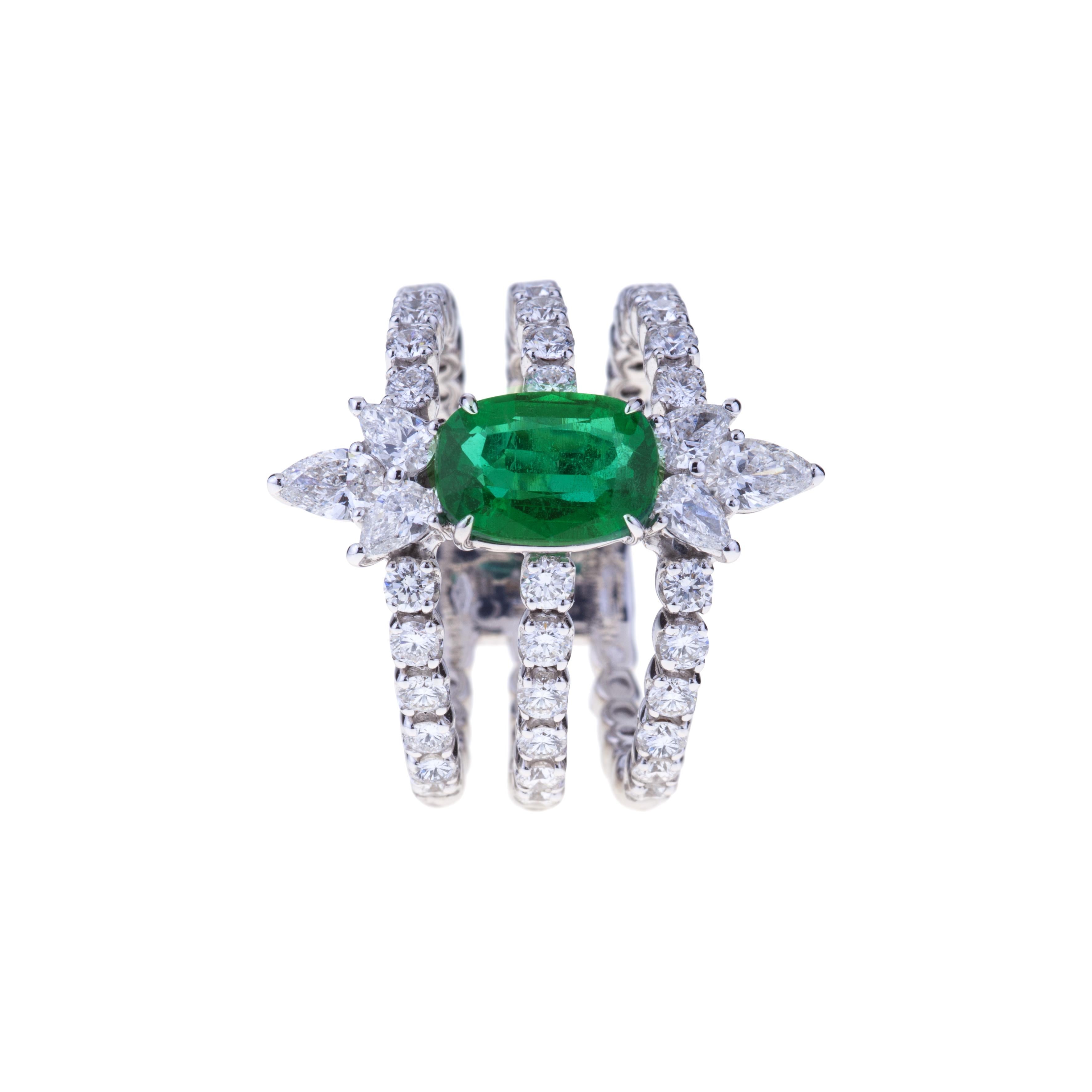 Contemporary Triple Ring with Diamonds and Emerald Cushion Cut.
Modern Design for this Ring with a Stunning Cushion Cut Emerald ct. 1.80 with Diamonds (ct. 1.86) for this Unique Cocktail Ring.
Designed in Italy.
Angeletti Boasts an Exceptional