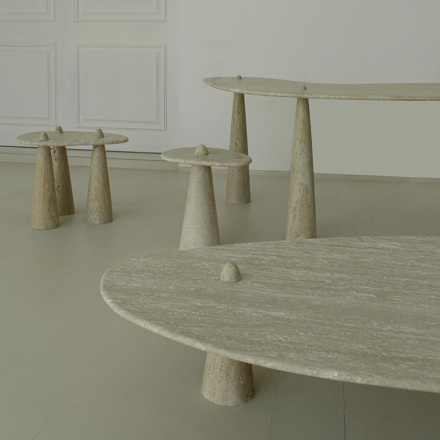 This contemporary tripod side table was meticulously handmade by master artisans one piece at a time. It is therefore quite difficult, if not impossible to make identical items. The projects are based on a contemporary appropriation of traditional
