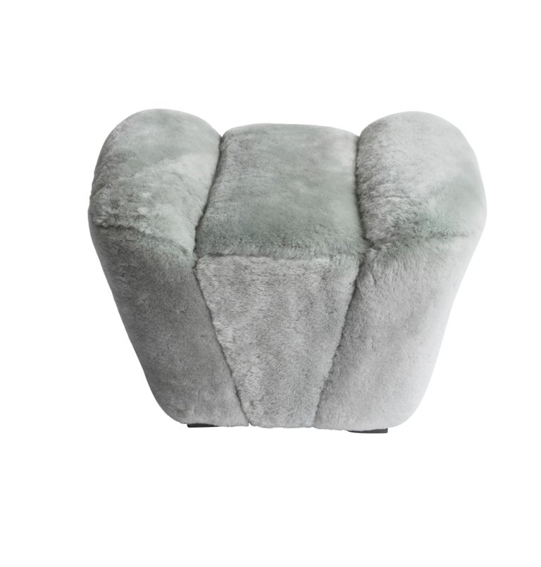 Contemporary Truffle Ottoman or Footstool in Grey Sheepskin Upholstery