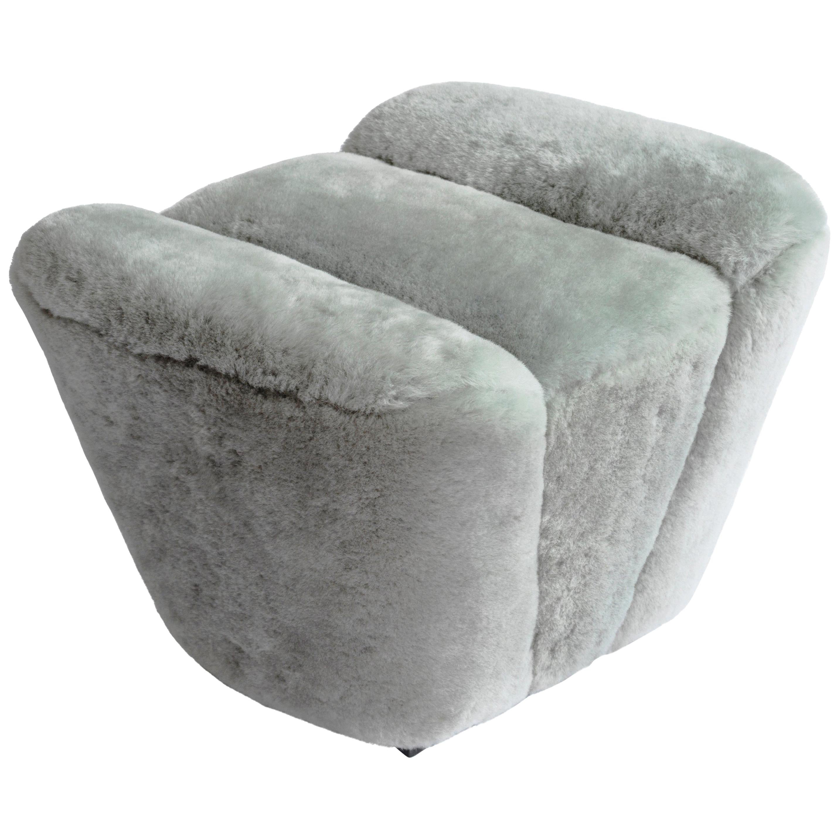 Contemporary Truffle Ottoman or Footstool in Grey Sheepskin Upholstery For Sale
