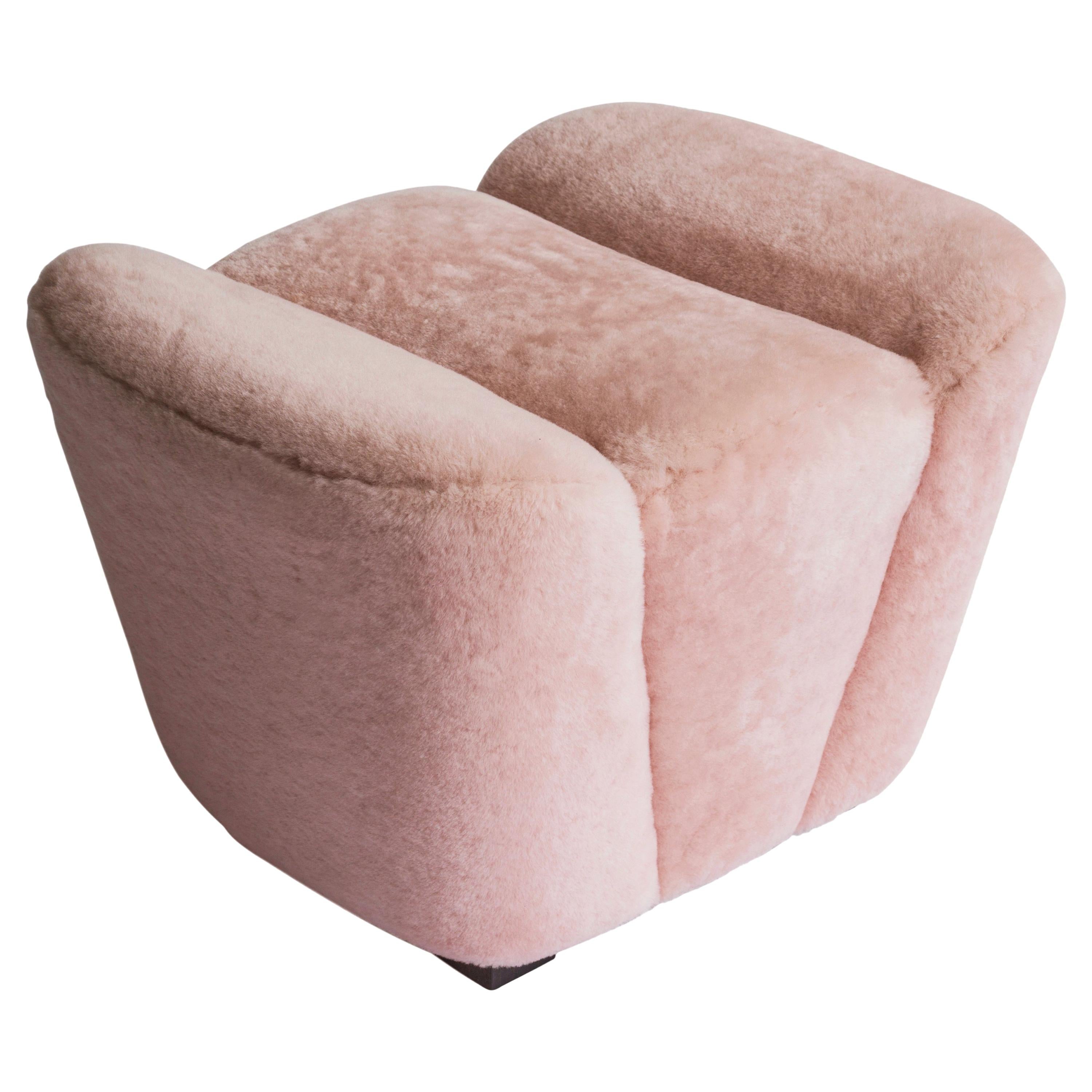 Contemporary Truffle Ottoman or Footstool in Pink Sheepskin Upholstery 