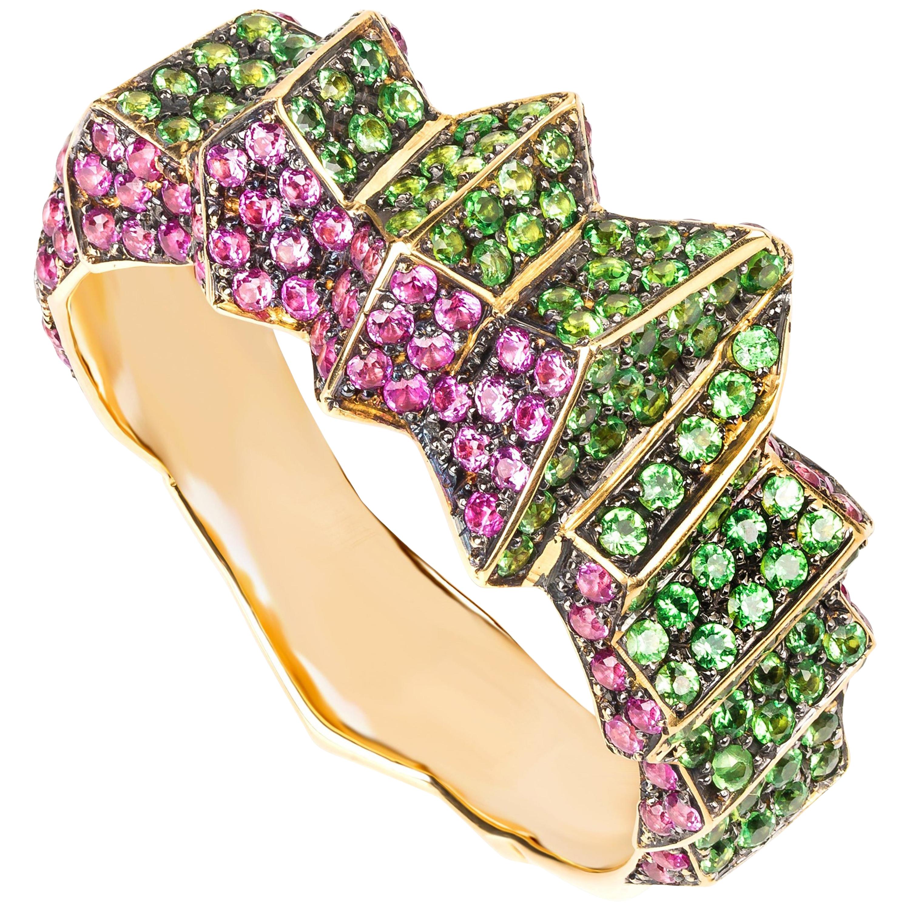 Rosior one-off Tsavorite and Pink Sapphire Yellow Gold Cocktail Ring
