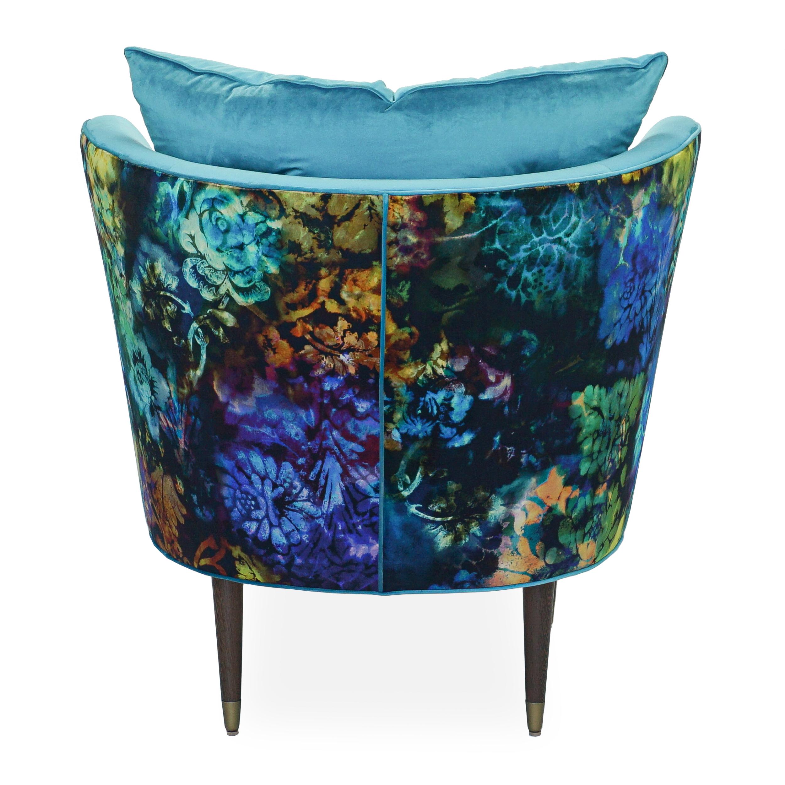 Contemporary Tub Lounge Chair with Turquoise and Psychedelic Floral Velvet For Sale 1