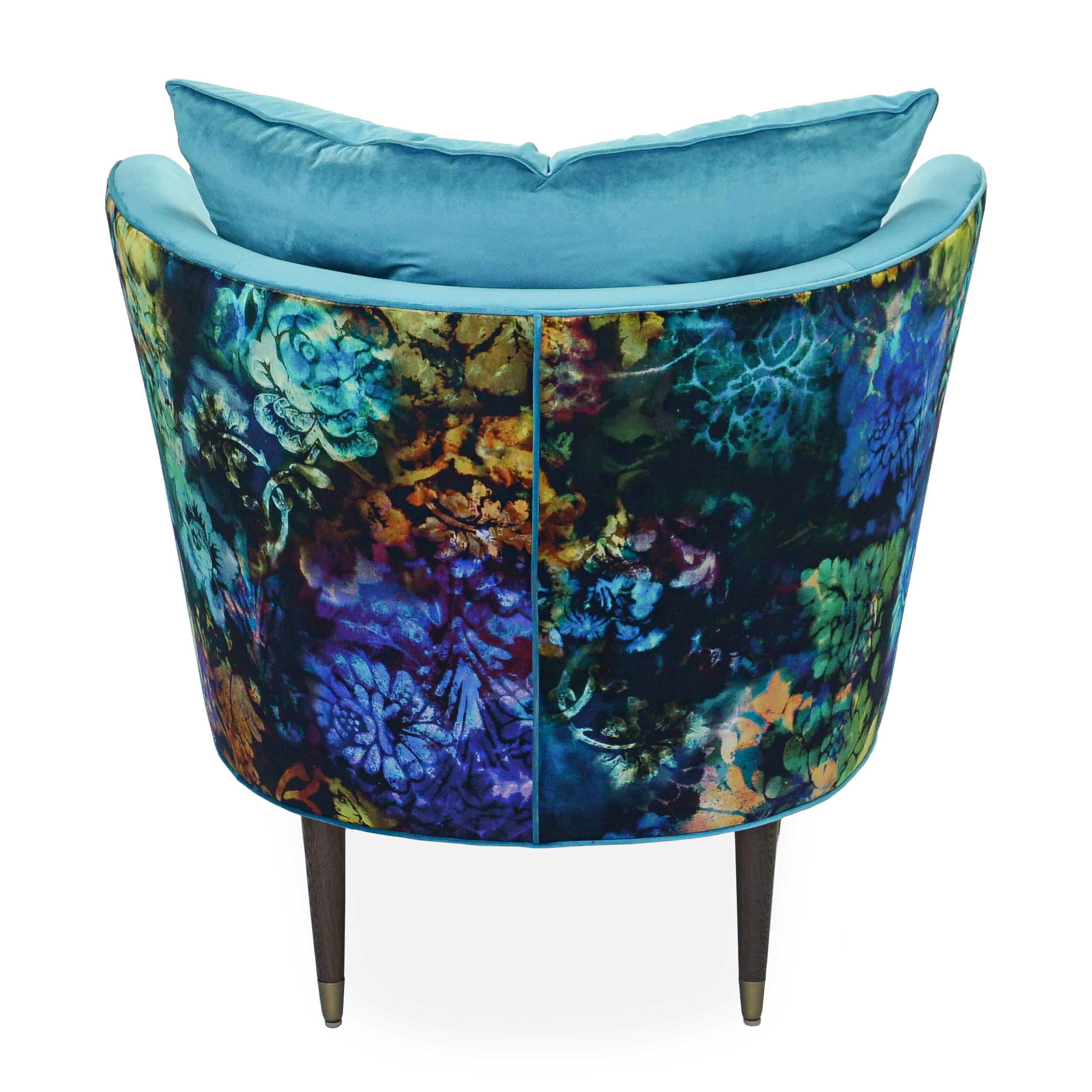 Contemporary Tub Lounge Chair with Turquoise and Psychedelic Floral Velvet For Sale 2
