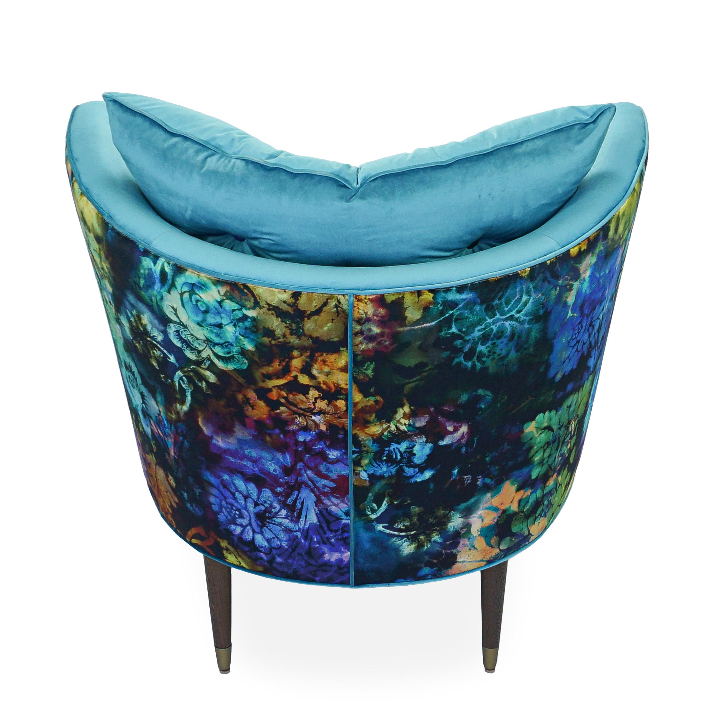 Contemporary Tub Lounge Chair with Turquoise and Psychedelic Floral Velvet For Sale 3
