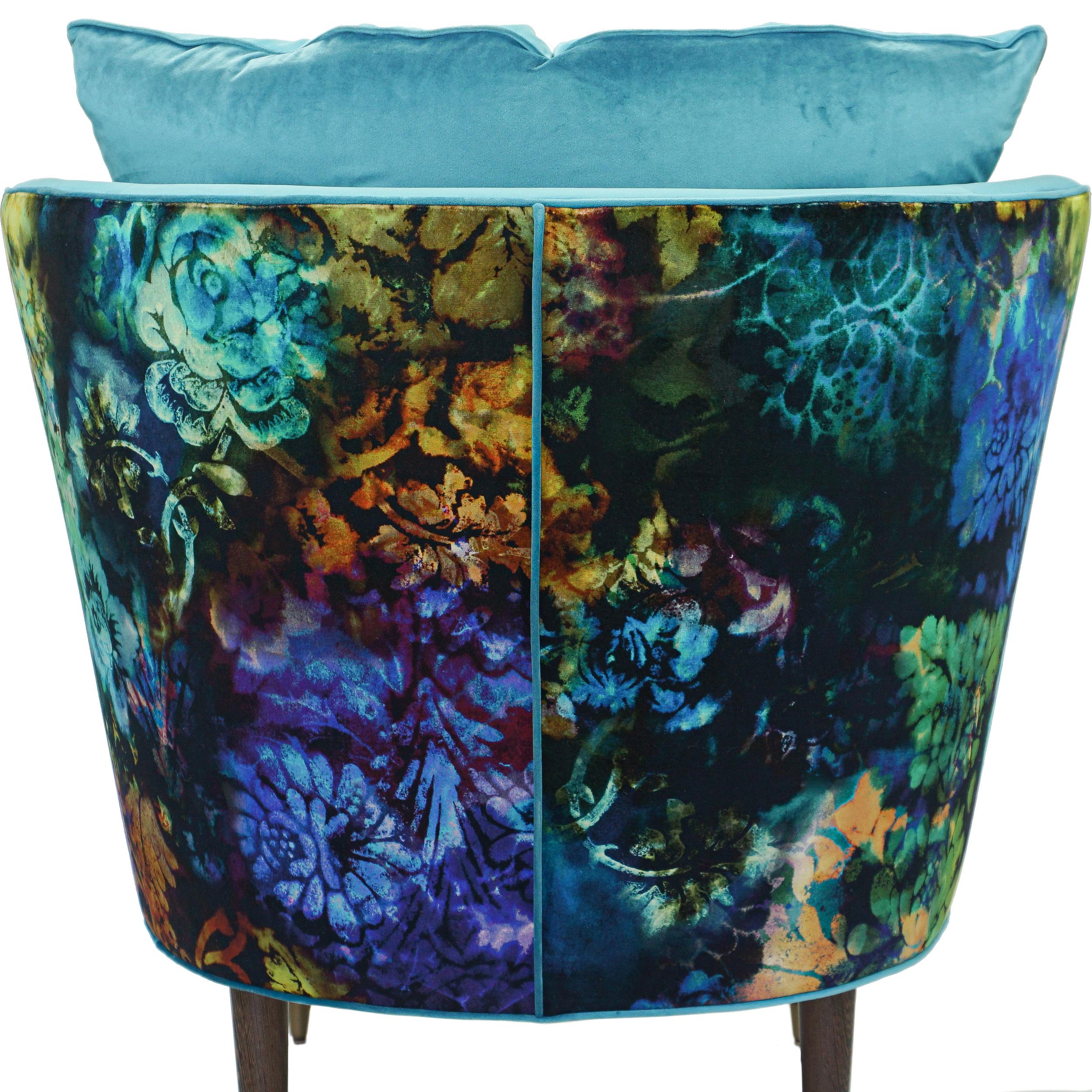 Contemporary Tub Lounge Chair with Turquoise and Psychedelic Floral Velvet For Sale 4