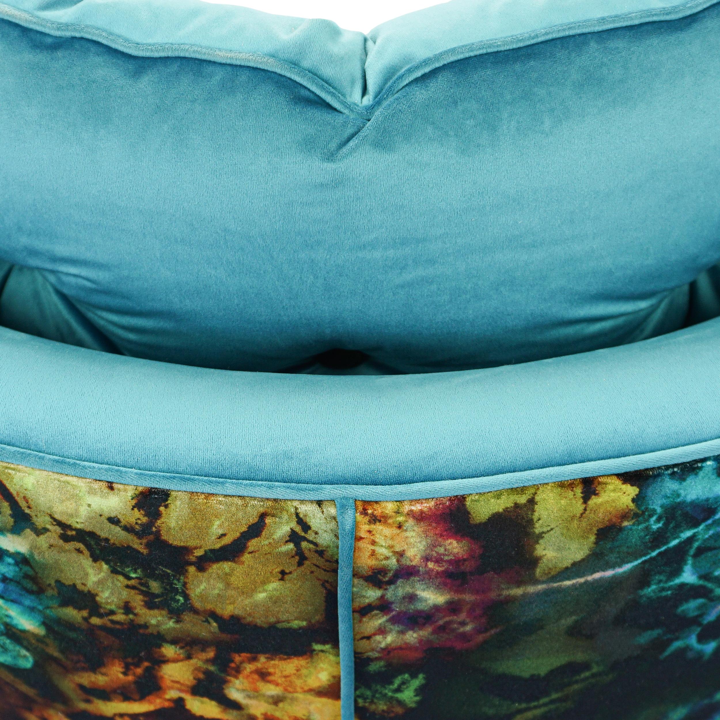 Contemporary Tub Lounge Chair with Turquoise and Psychedelic Floral Velvet For Sale 5