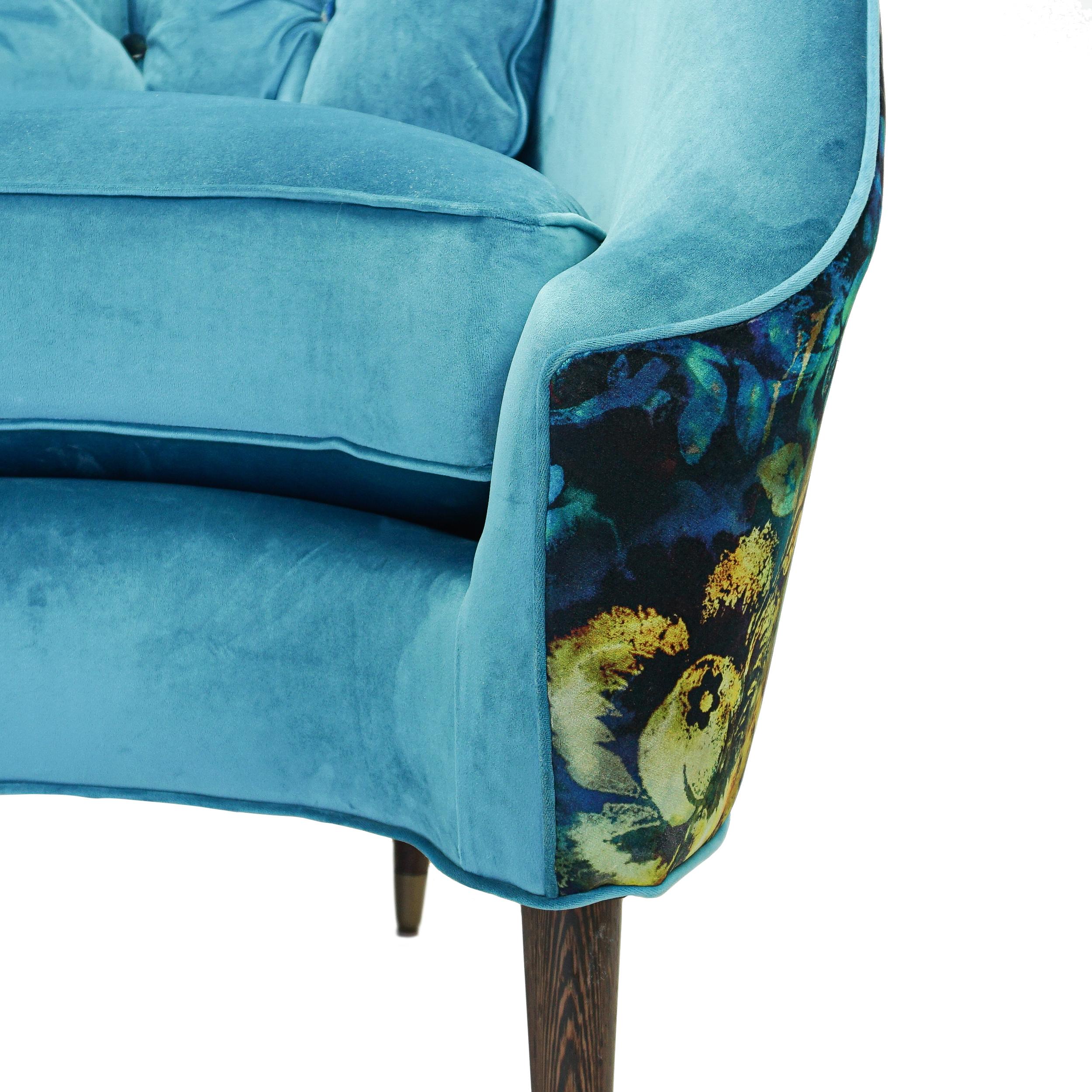 Contemporary Tub Lounge Chair with Turquoise and Psychedelic Floral Velvet For Sale 8