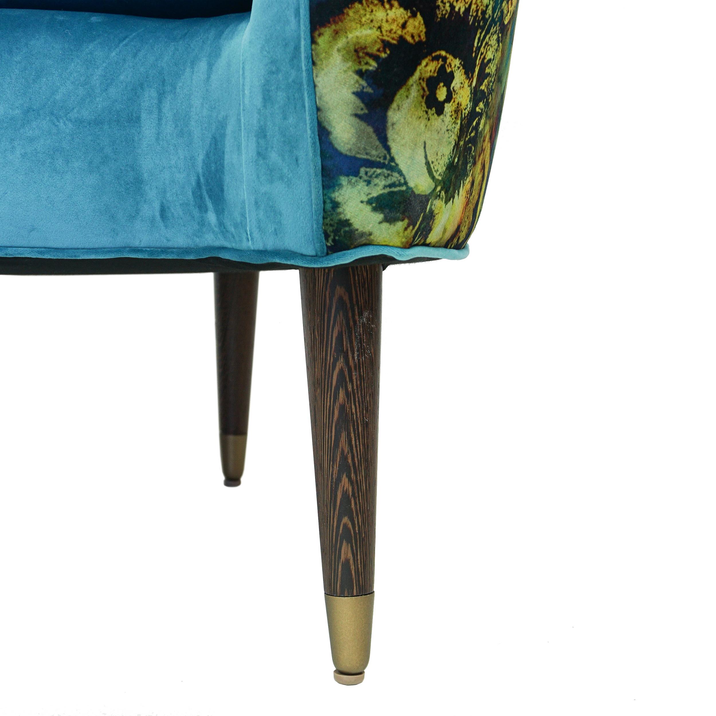 Contemporary Tub Lounge Chair with Turquoise and Psychedelic Floral Velvet For Sale 9