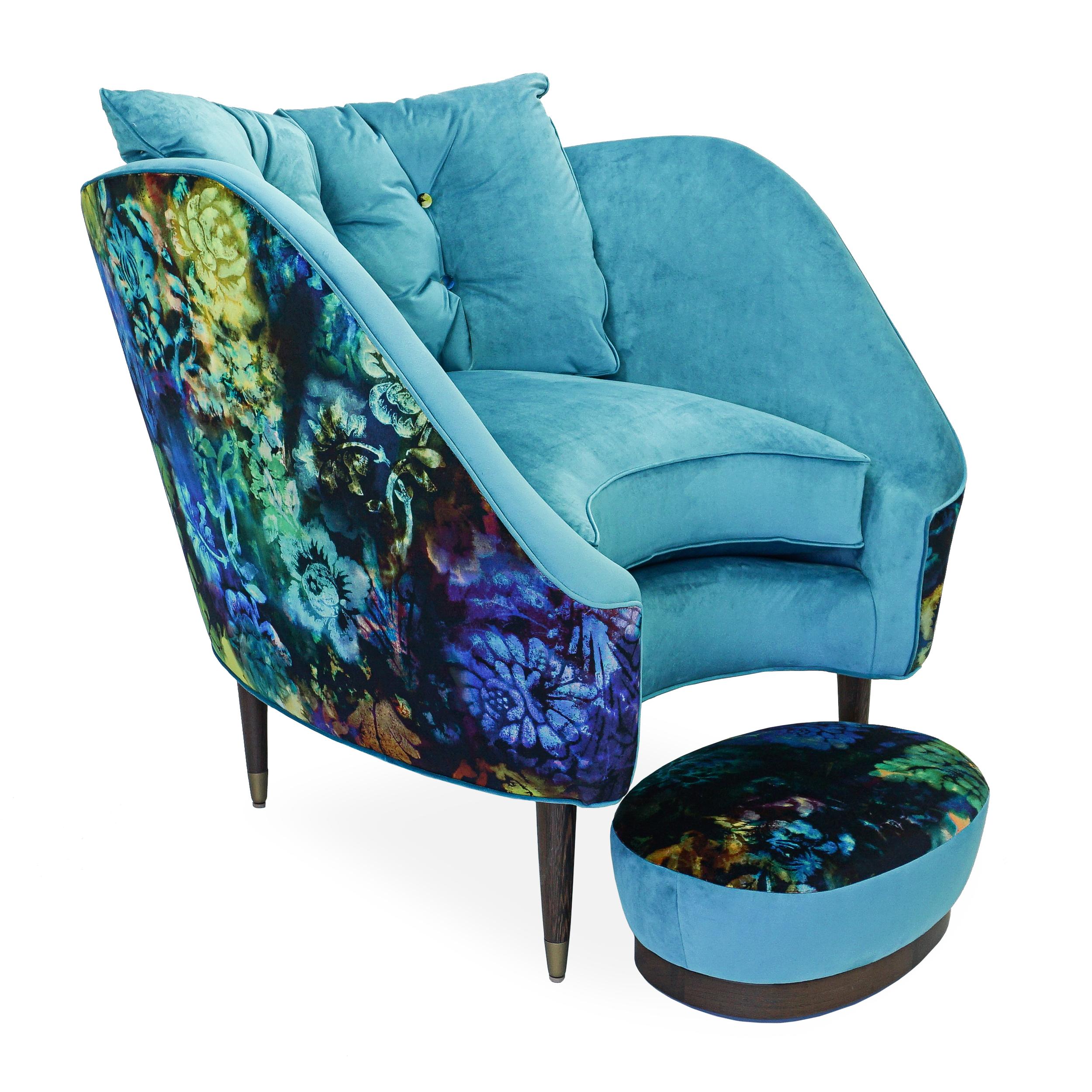 Contemporary Tub Lounge Chair with Turquoise and Psychedelic Floral Velvet For Sale 10