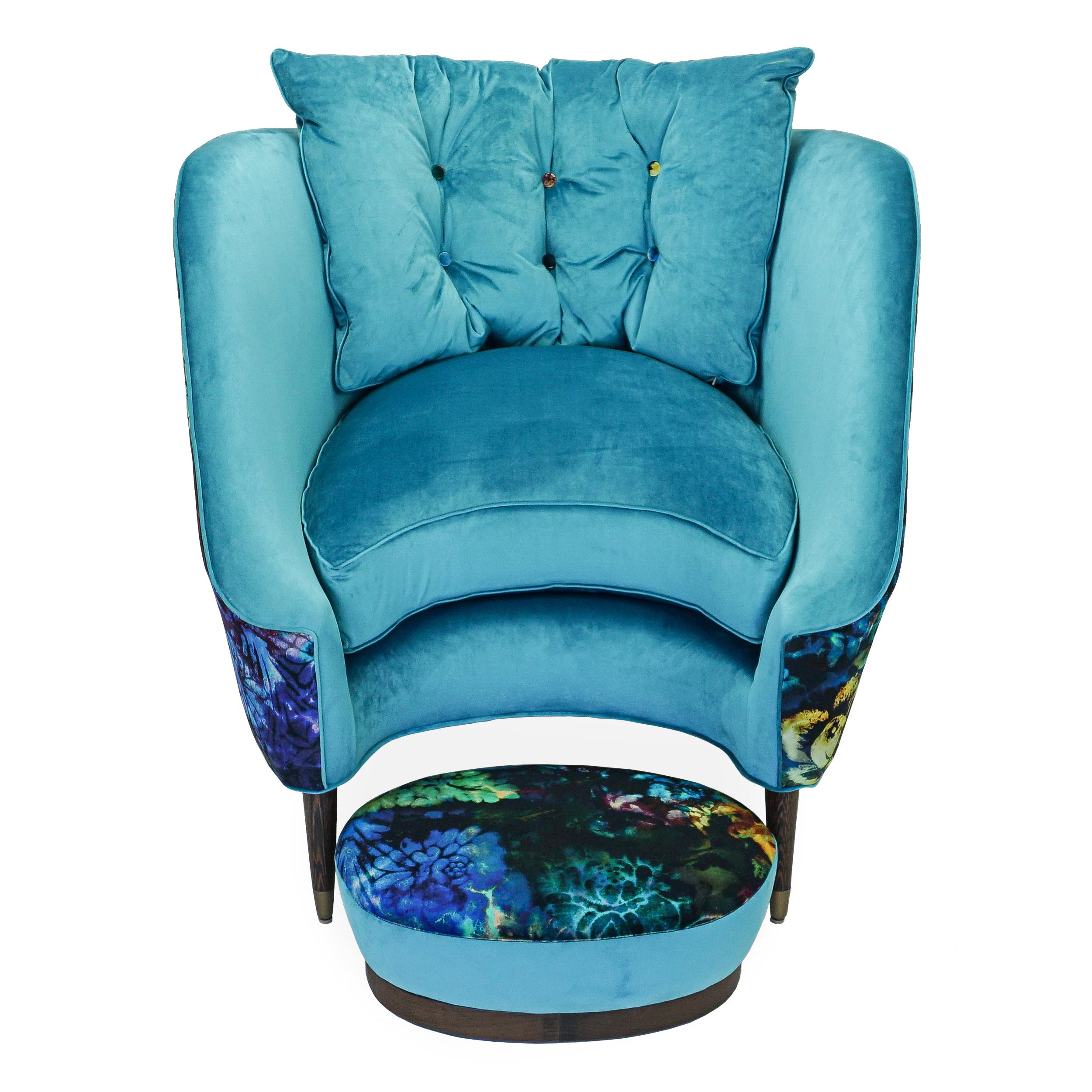 Contemporary Tub Lounge Chair with Turquoise and Psychedelic Floral Velvet For Sale 11