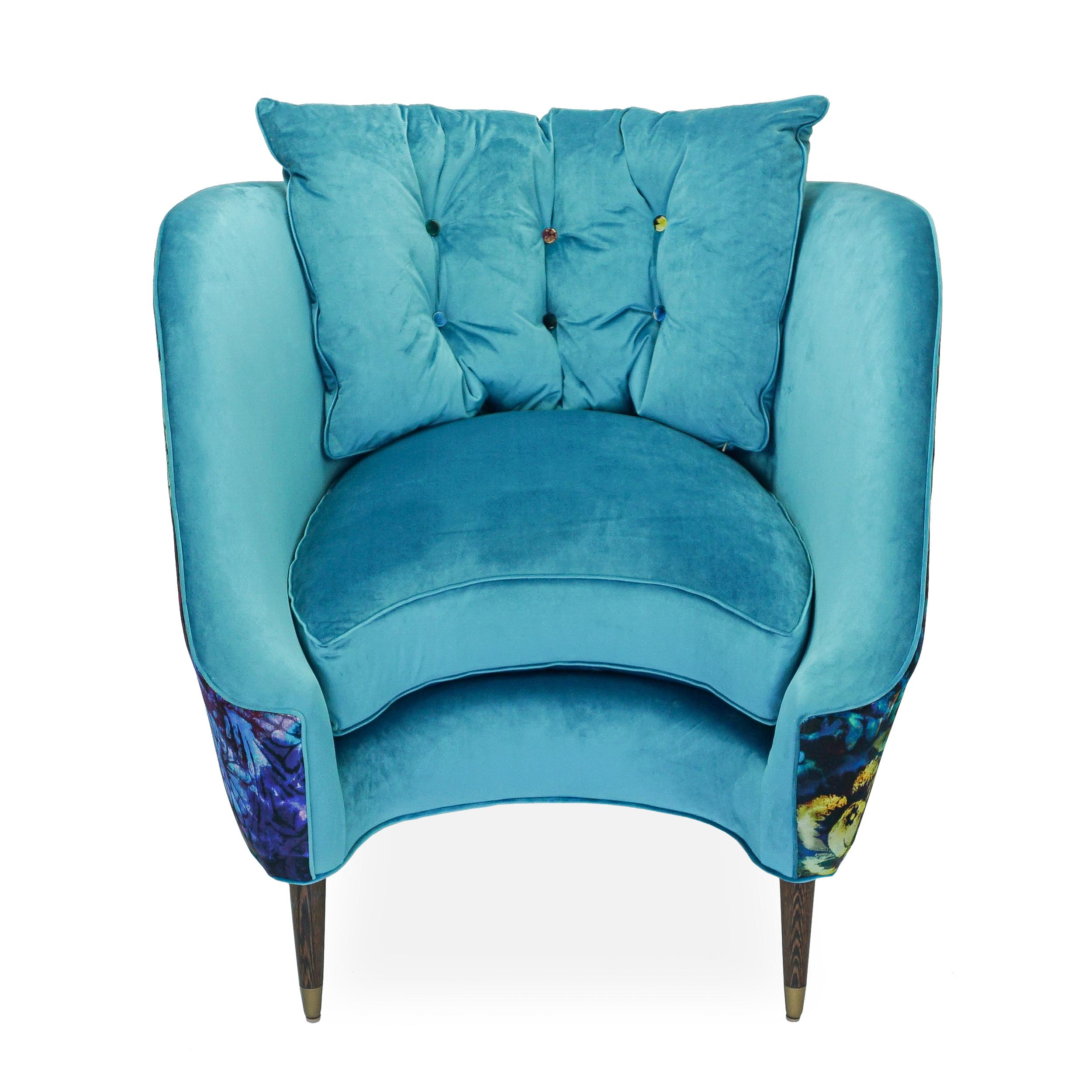 Modern Contemporary Tub Lounge Chair with Turquoise and Psychedelic Floral Velvet For Sale