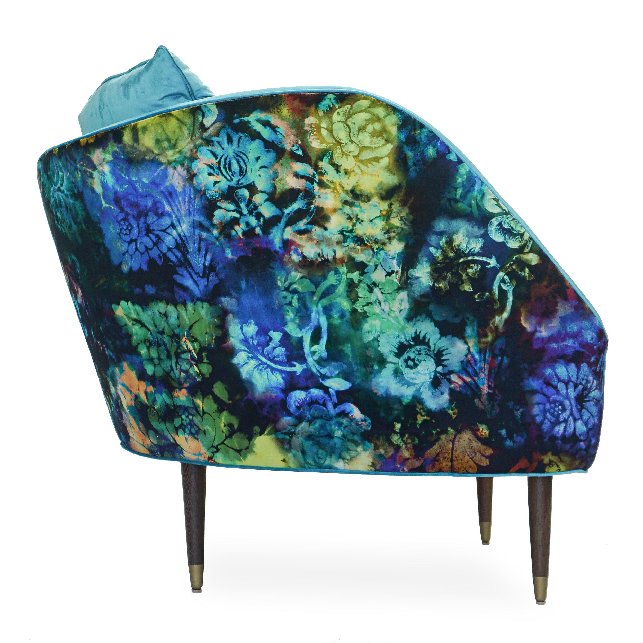American Contemporary Tub Lounge Chair with Turquoise and Psychedelic Floral Velvet For Sale