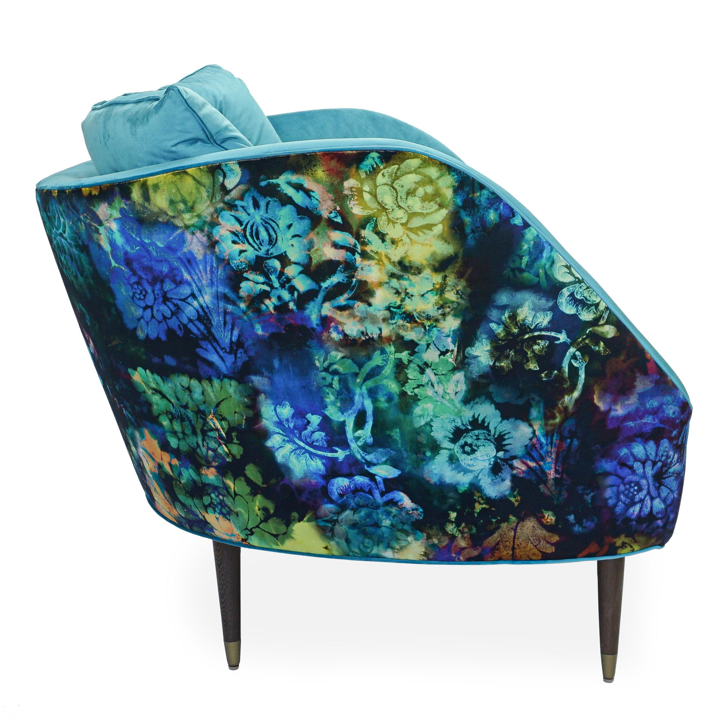 Stained Contemporary Tub Lounge Chair with Turquoise and Psychedelic Floral Velvet For Sale