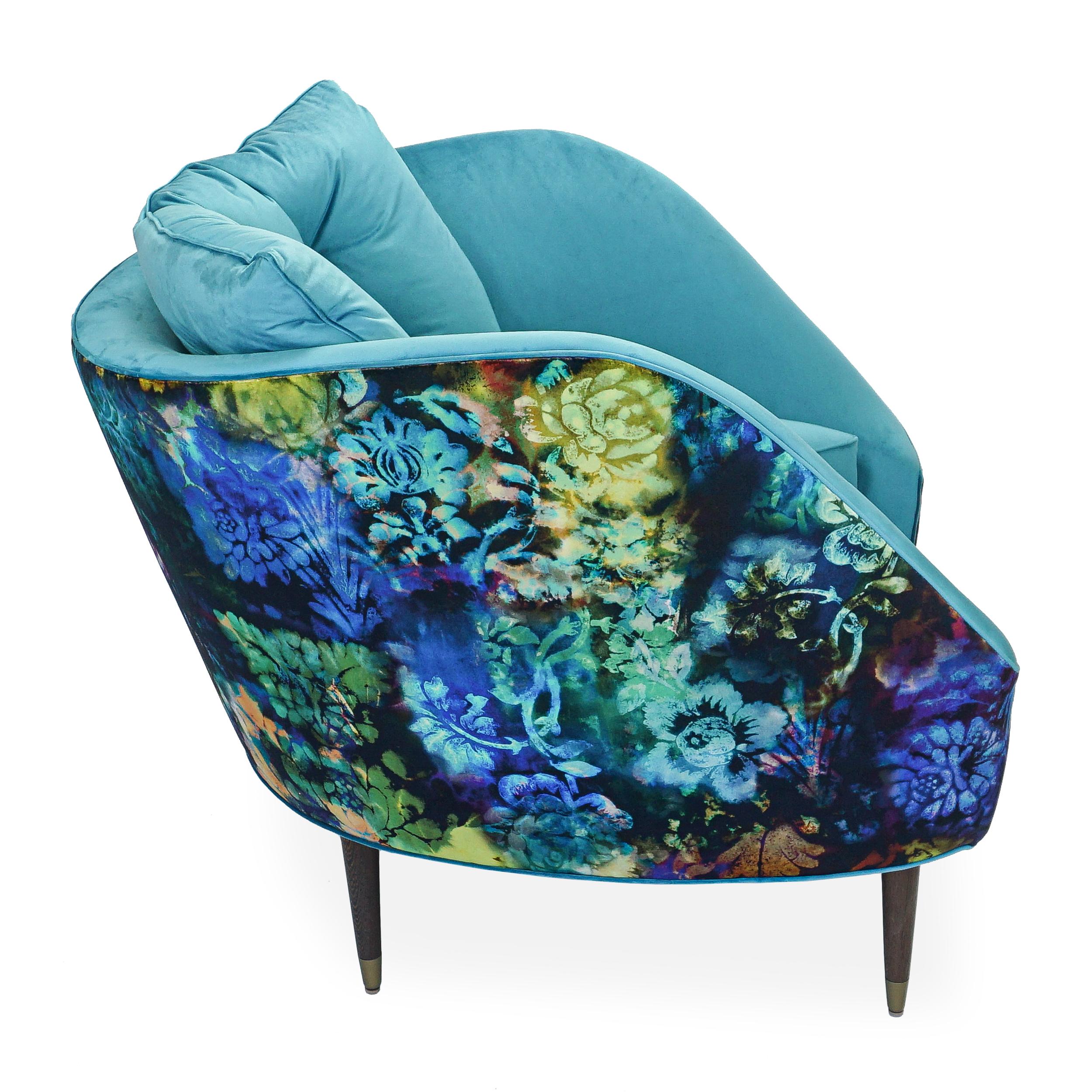 Contemporary Tub Lounge Chair with Turquoise and Psychedelic Floral Velvet In New Condition For Sale In Greenwich, CT