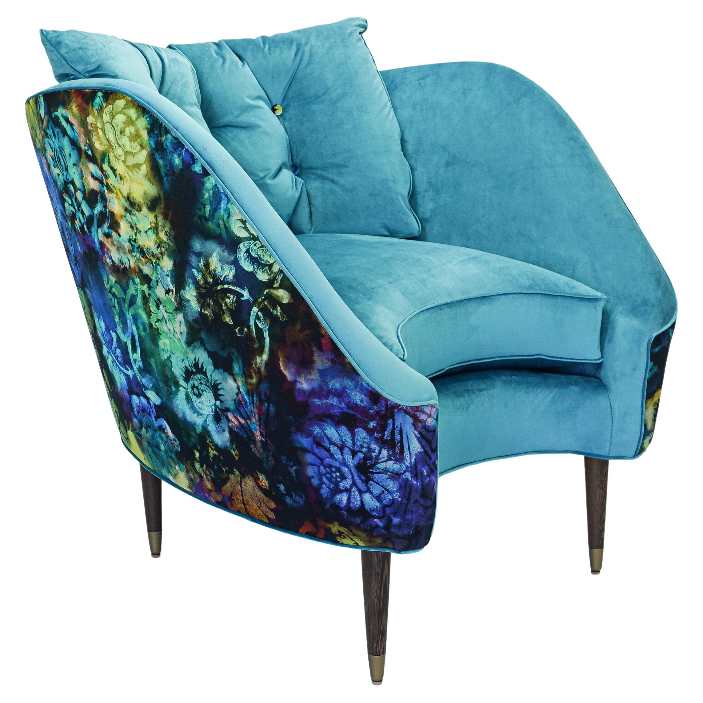 Contemporary Tub Lounge Chair with Turquoise and Psychedelic Floral Velvet For Sale