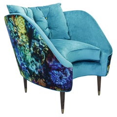 Contemporary Tub Lounge Chair with Turquoise and Psychedelic Floral Velvet