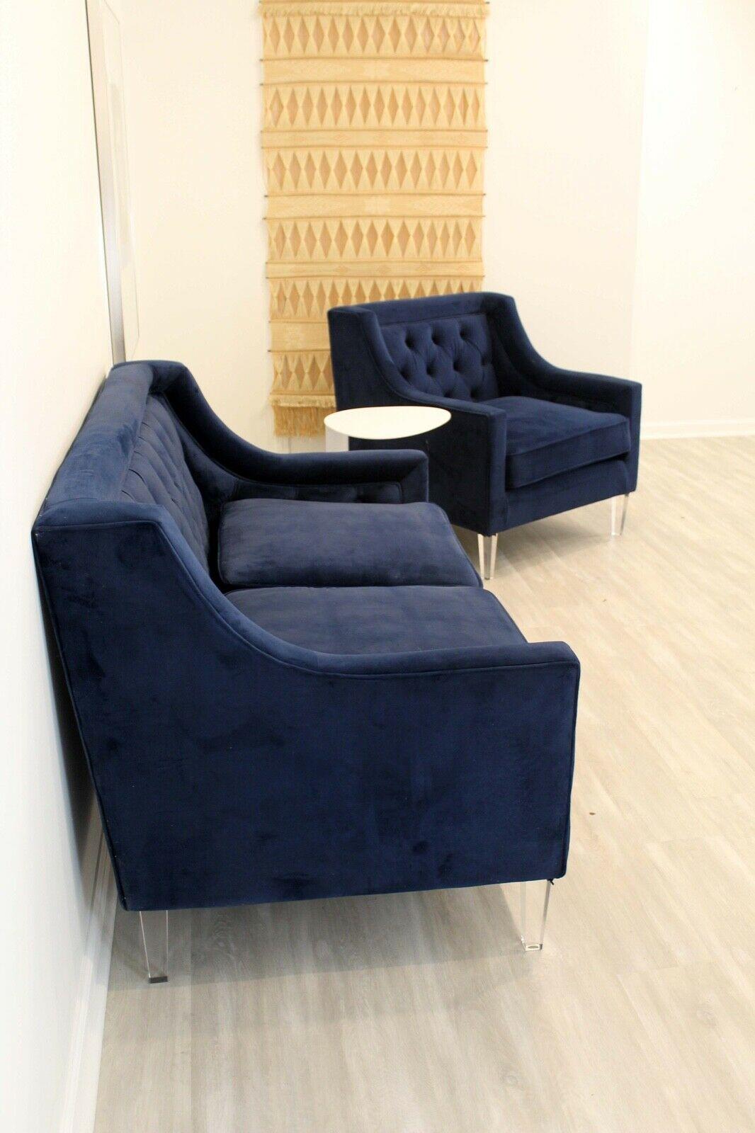 20th Century Contemporary Tufted Cobalt Blue Velvet Sofa & Lounge Chair W/ Lucite Legs