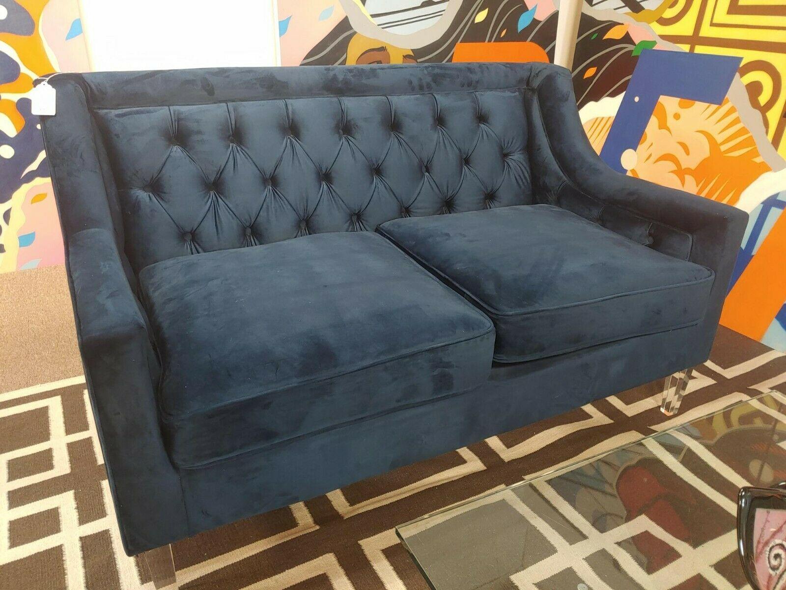 Contemporary Tufted Cobalt Blue Velvet Sofa & Lounge Chair W/ Lucite Legs 1