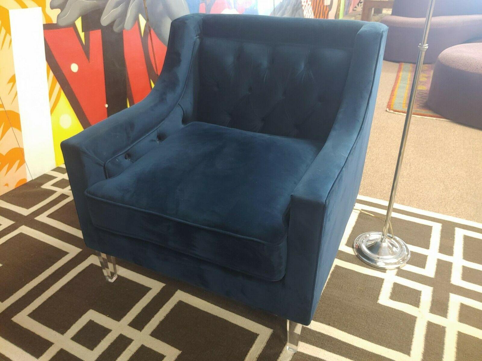 Contemporary Tufted Cobalt Blue Velvet Sofa & Lounge Chair W/ Lucite Legs 2