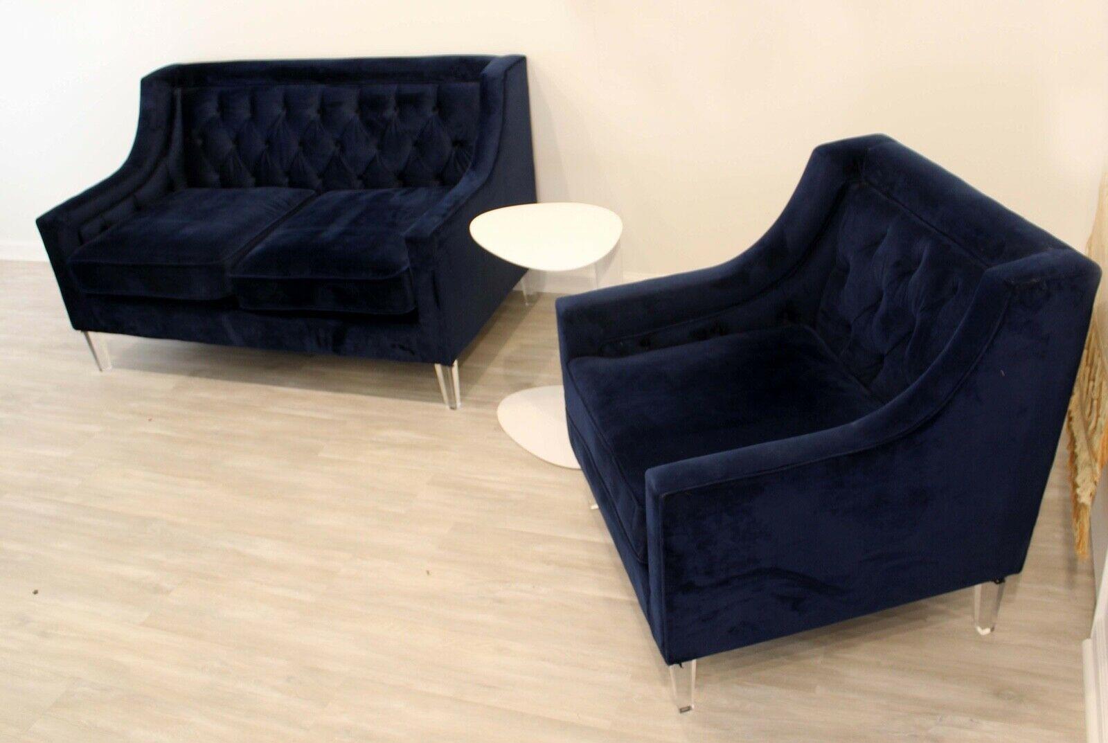Contemporary Tufted Cobalt Blue Velvet Sofa & Lounge Chair W/ Lucite Legs 4