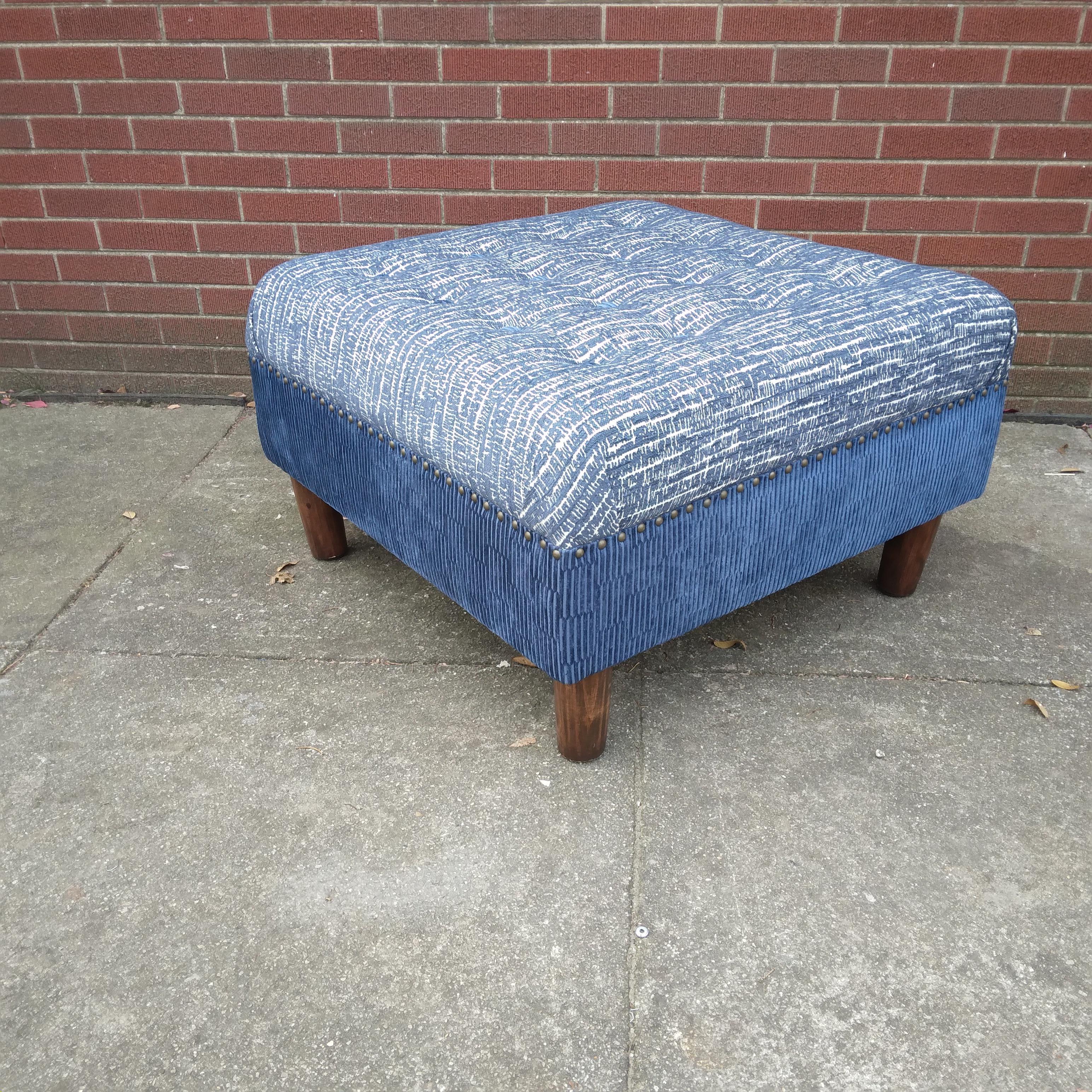 A profusion of blue in lush textures… this one-of-a-kind ottoman is the perfect centerpiece. The top fabric, Woodland II in Blue Spruce by Knoll, is stunning. The organic looking pattern features a light texture and a wonderful contrast between the