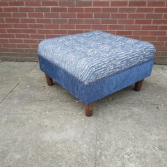 Contemporary Tufted Ottoman in Textured Blue Chenille