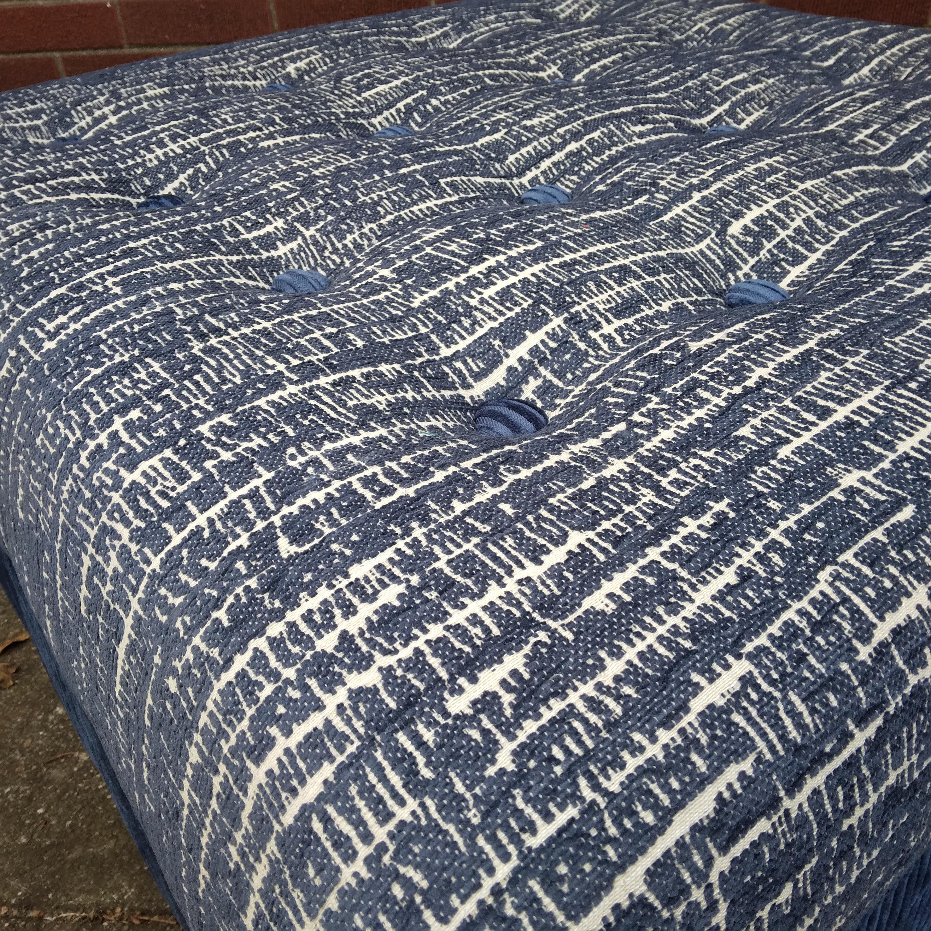 Modern Contemporary Tufted Ottoman in Textured Blue Chenille For Sale