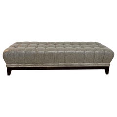 Contemporary Tufted Studded Gray Leather on Wood Long Bench