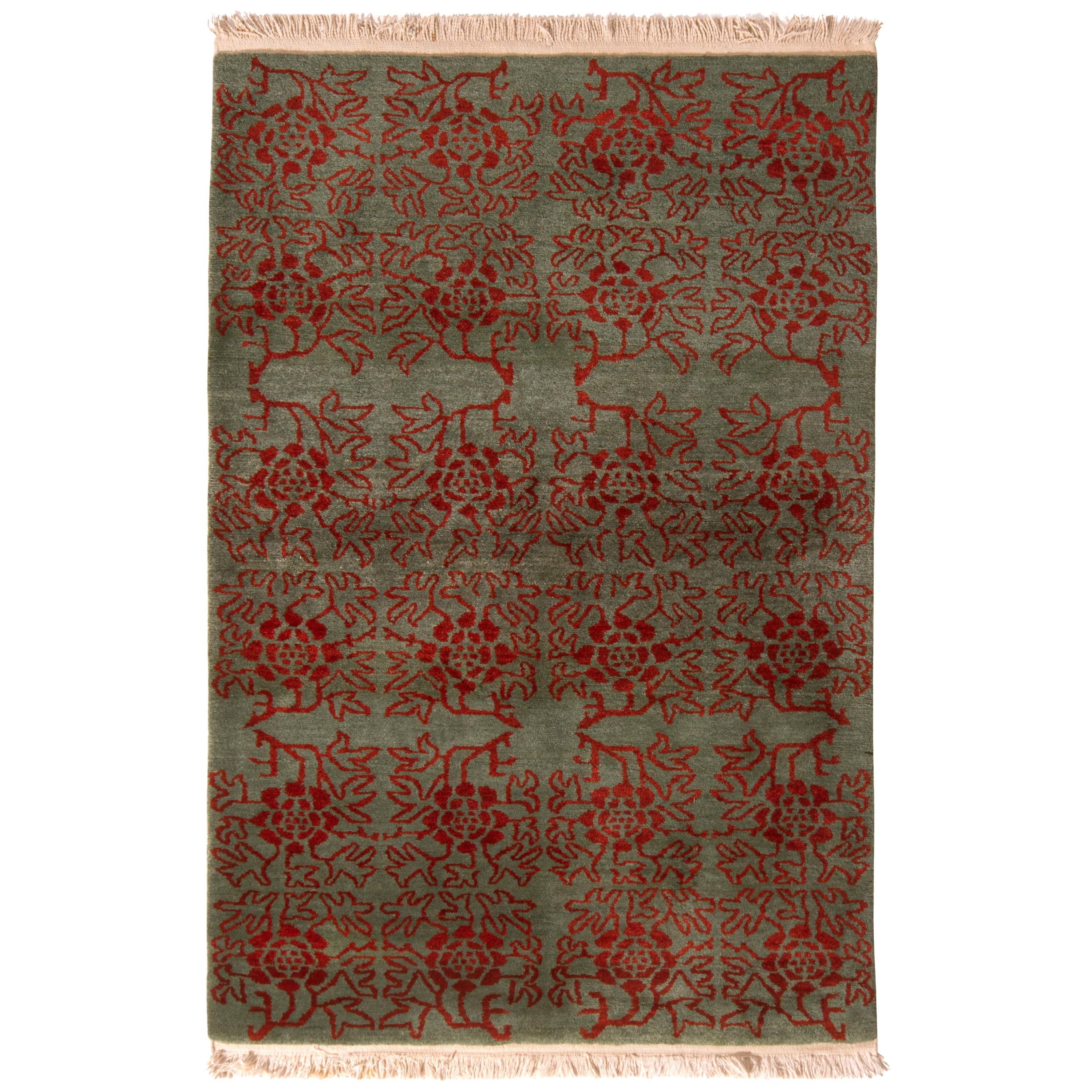 Rug & Kilim's Contemporary Tulu Rug Green and Red Floral Pattern