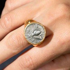 Contemporary Turkish 24K Gold Fused Silver Hammered Diamond Bee Coin Signet Ring