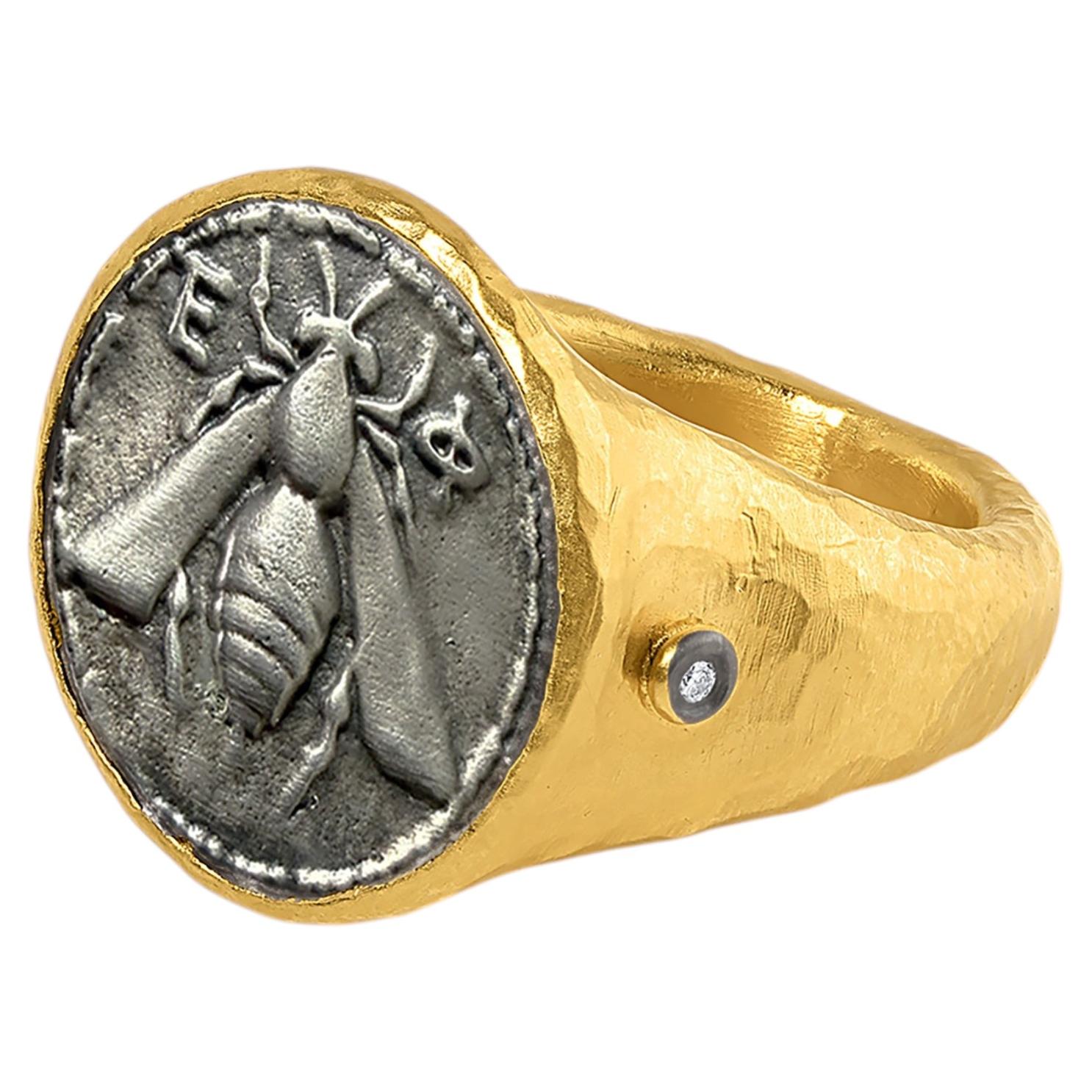 Contemporary Turkish 24K Gold Fused Silver Hammered Diamond Bee Coin Signet Ring For Sale