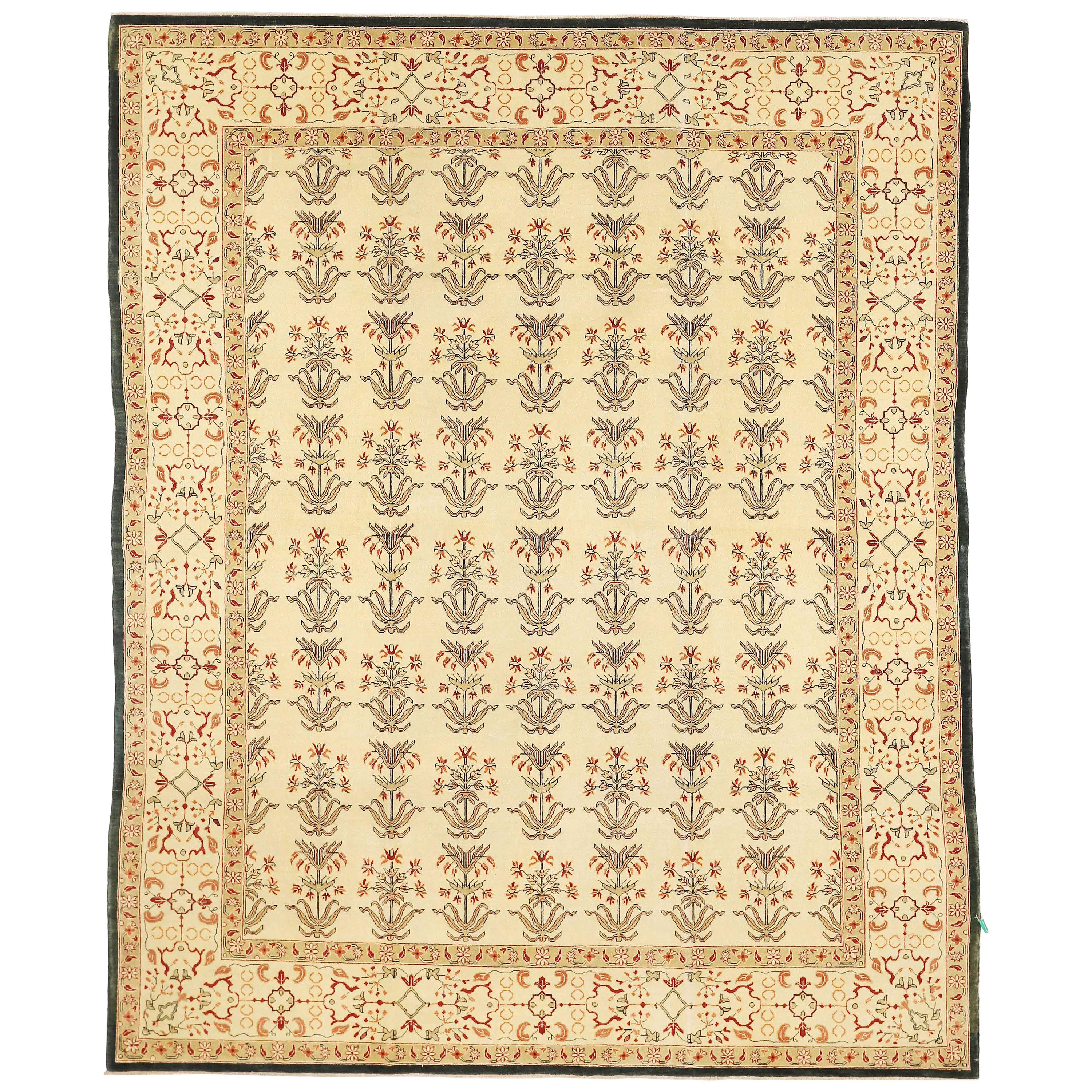 Contemporary Turkish Agra Rug with Beige and Brown Botanical Details