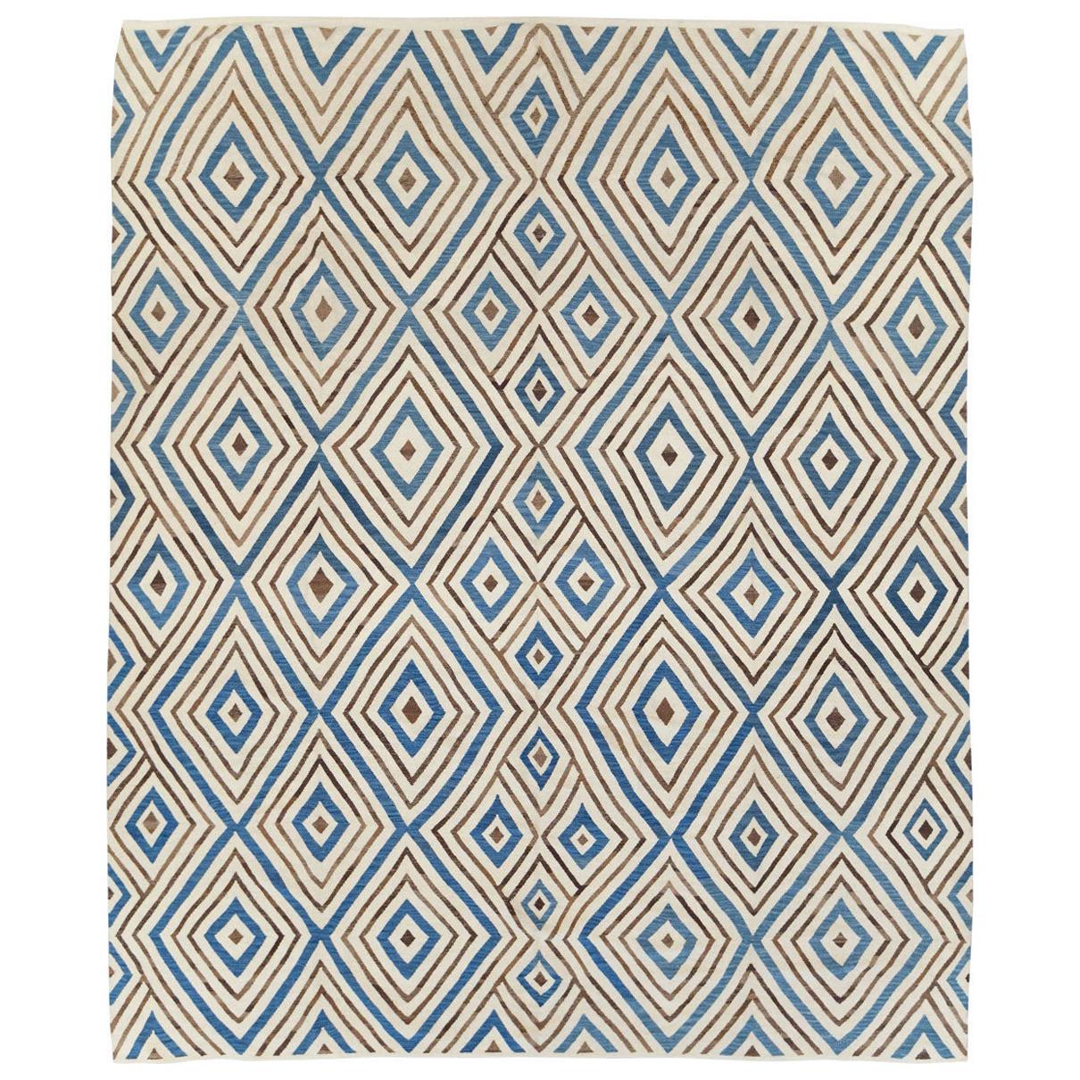 Contemporary Turkish Flatweave Kilim Large Room Size Carpet In Cream and Blue