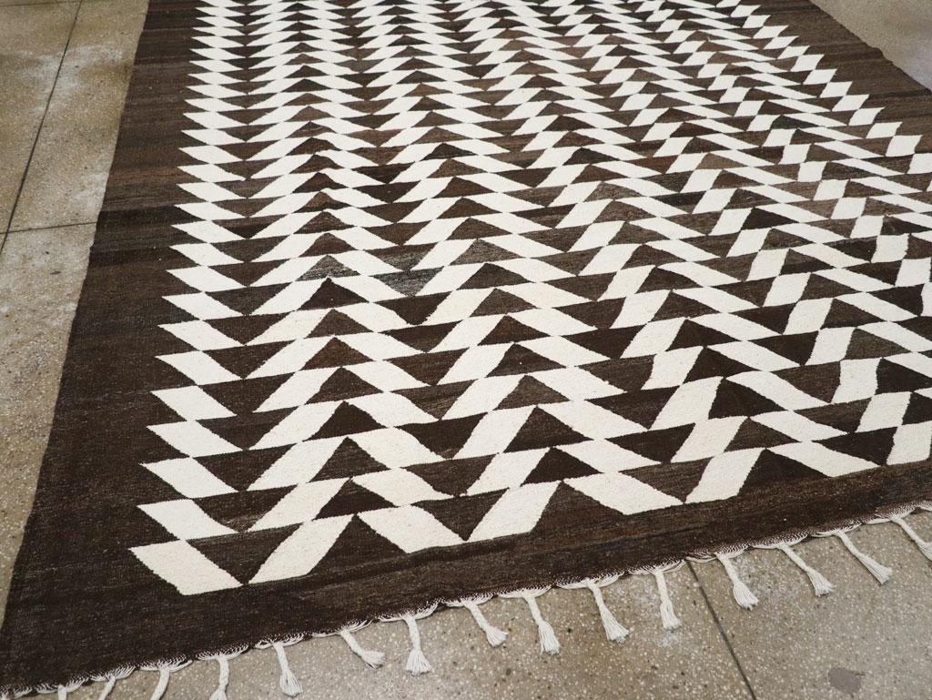 Wool Contemporary Turkish Flatweave Kilim Room Size Carpet in Cream and Dark Brown For Sale