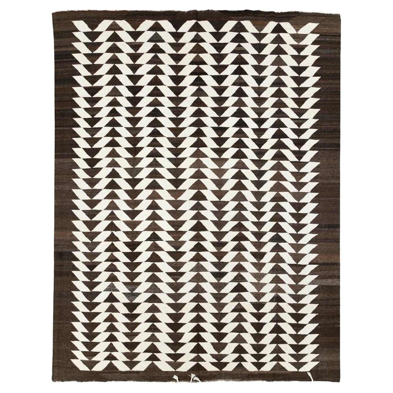 Contemporary Turkish Flatweave Kilim Room Size Carpet in Cream and Dark Brown