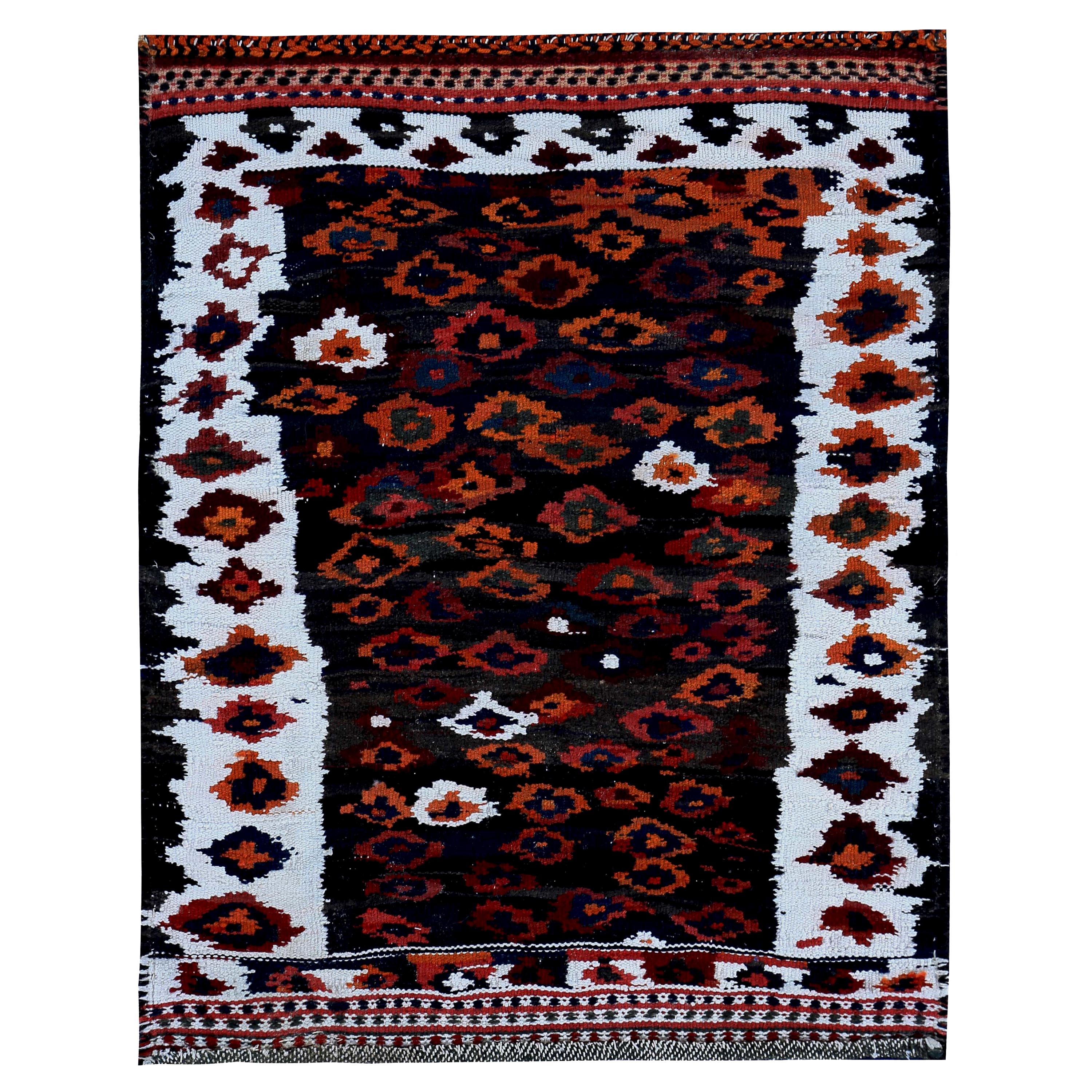 Contemporary Turkish Kilim Rug in Orange and Red Floral Pattern in Black Field For Sale