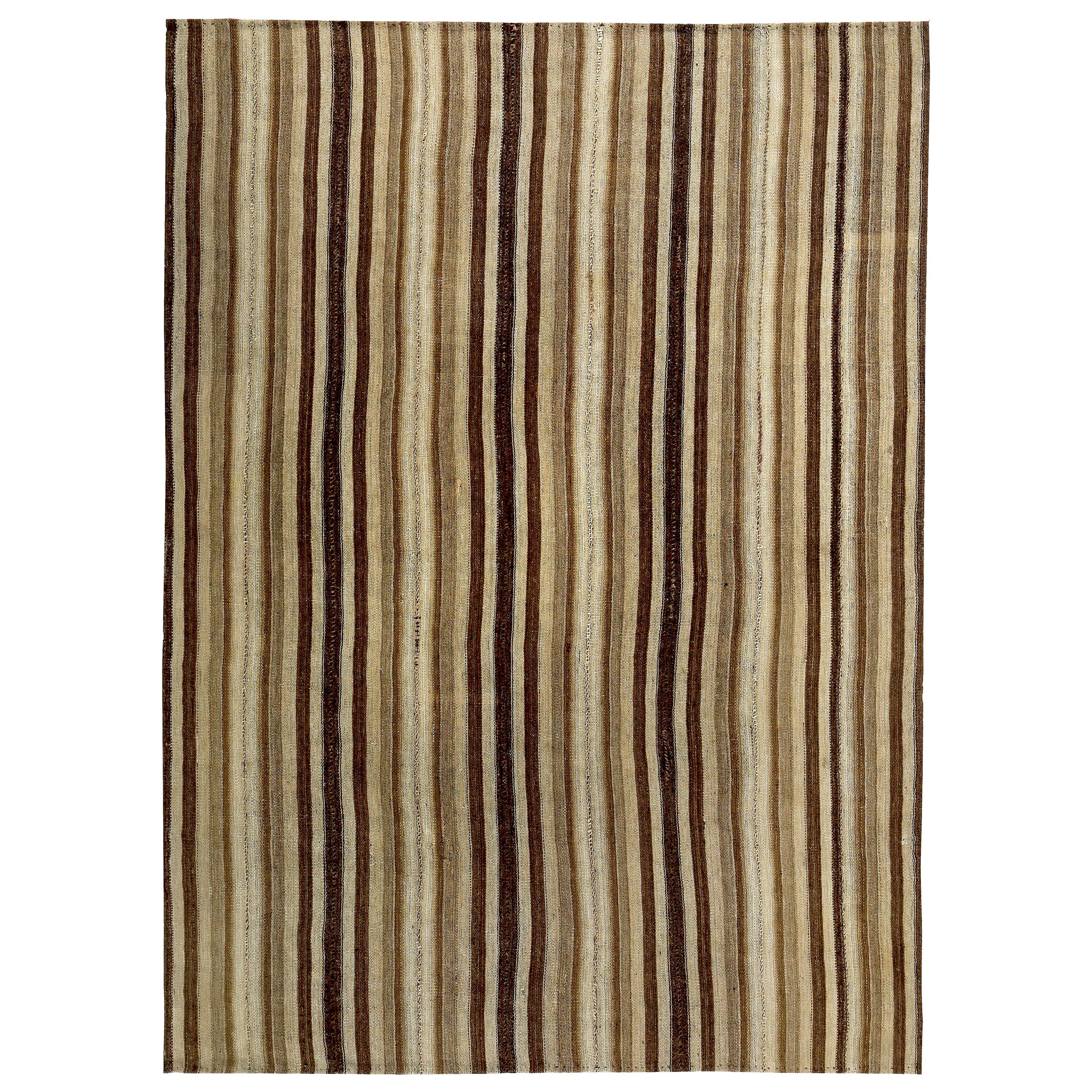 Contemporary Turkish Kilim Rug with Black and Brown Stripes on Beige Field