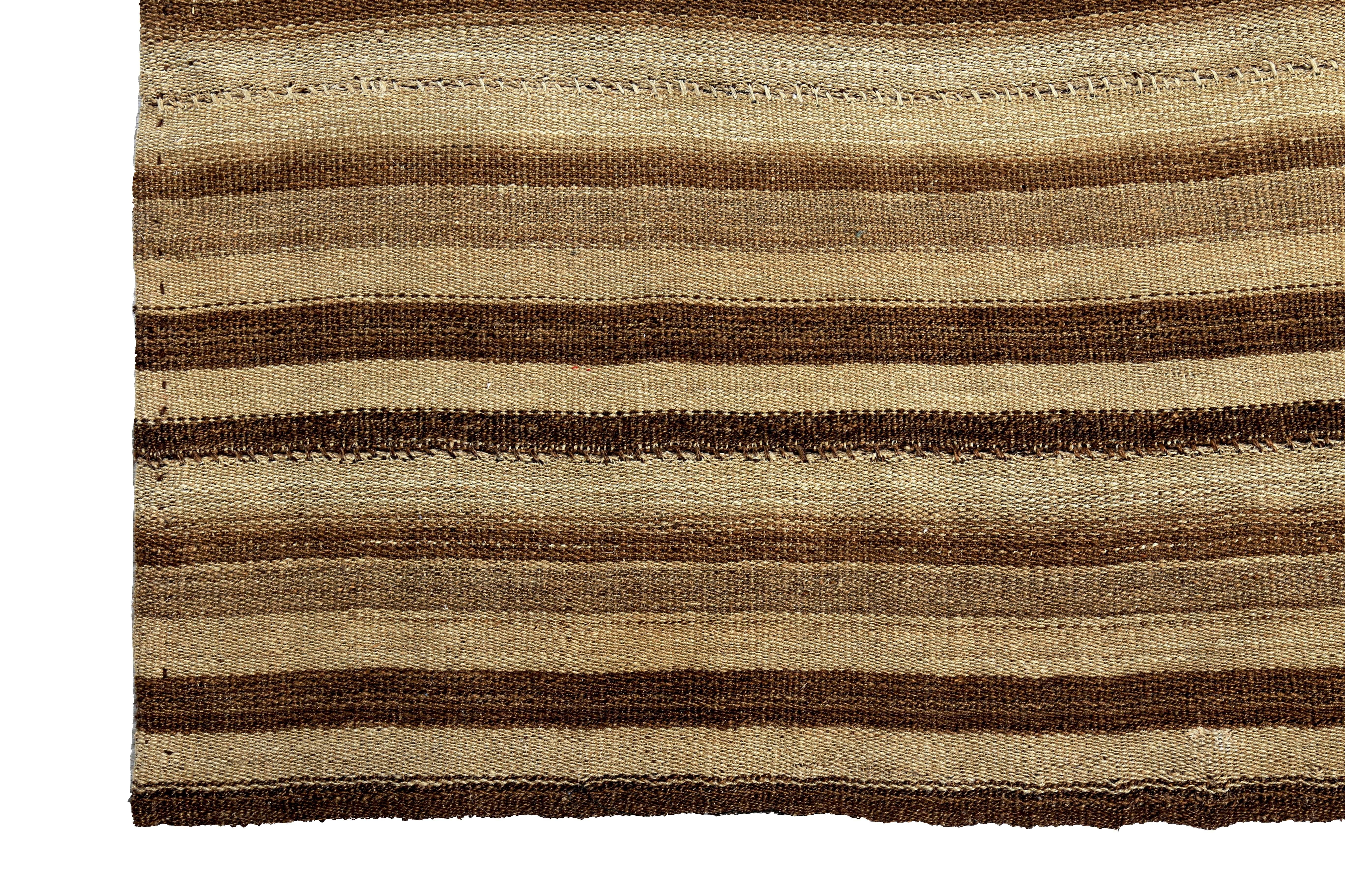 Hand-Woven Contemporary Turkish Kilim Rug with Black and Brown Stripes on Beige Field For Sale