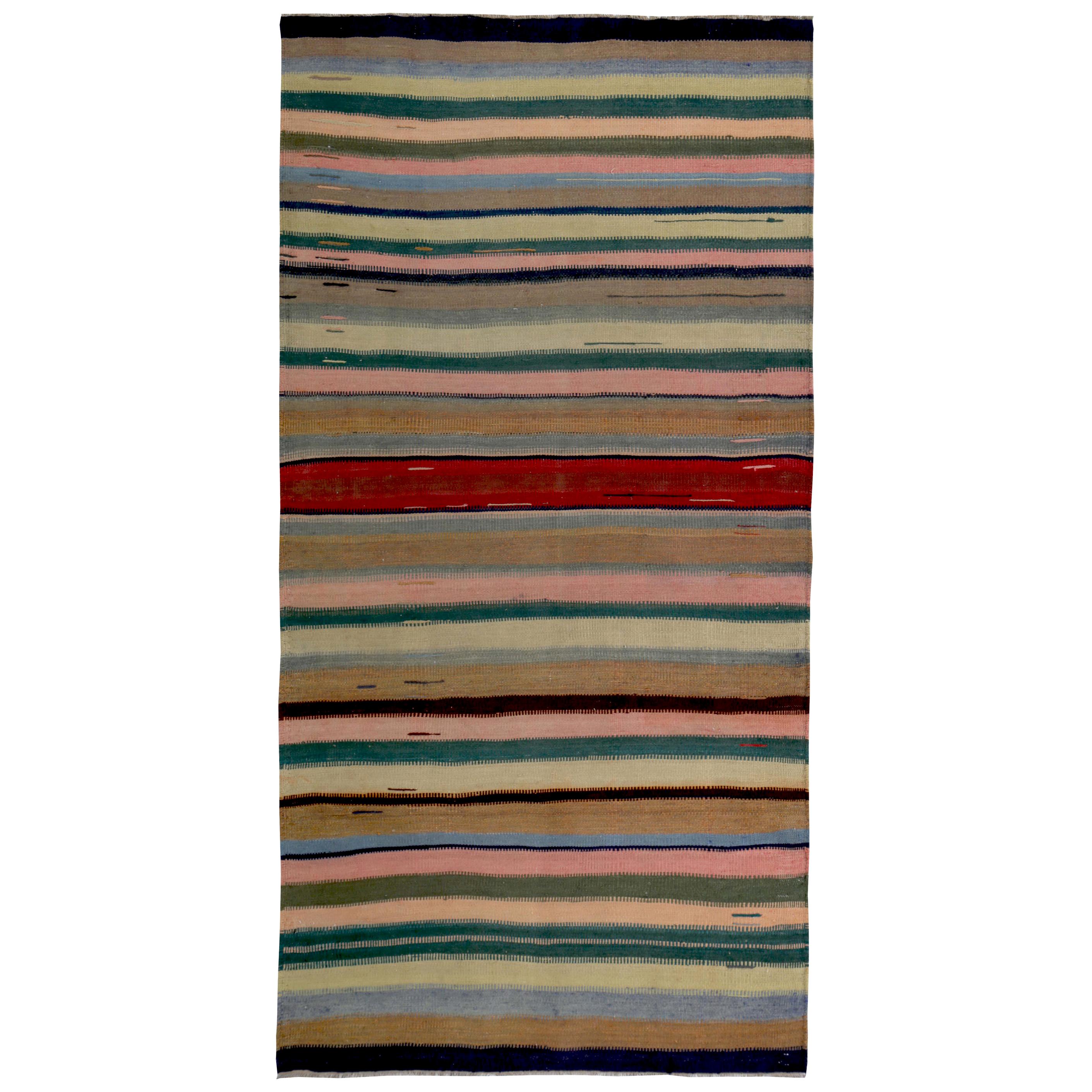 Contemporary Turkish Kilim Rug with Green and Pink Stripes on Black Field