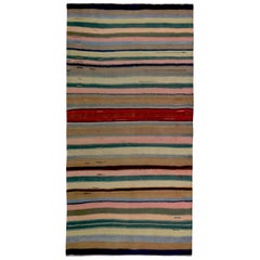 Contemporary Turkish Kilim Rug with Green and Pink Stripes on Black Field