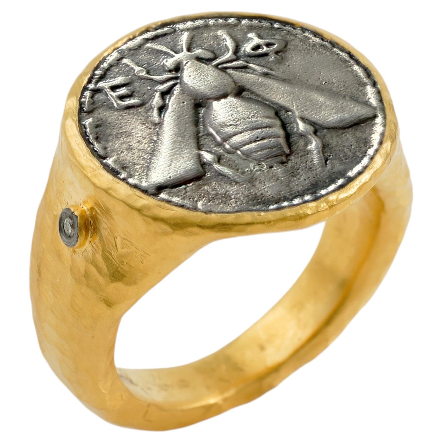 Contemporary Turkish Luxury 24k Fused Silver Hammered Diamond Bee Coin Cocktail