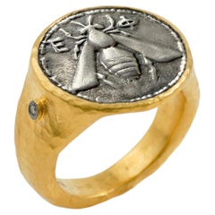Contemporary Turkish Luxury 24k Fused Silver Hammered Diamond Bee Coin Cocktail