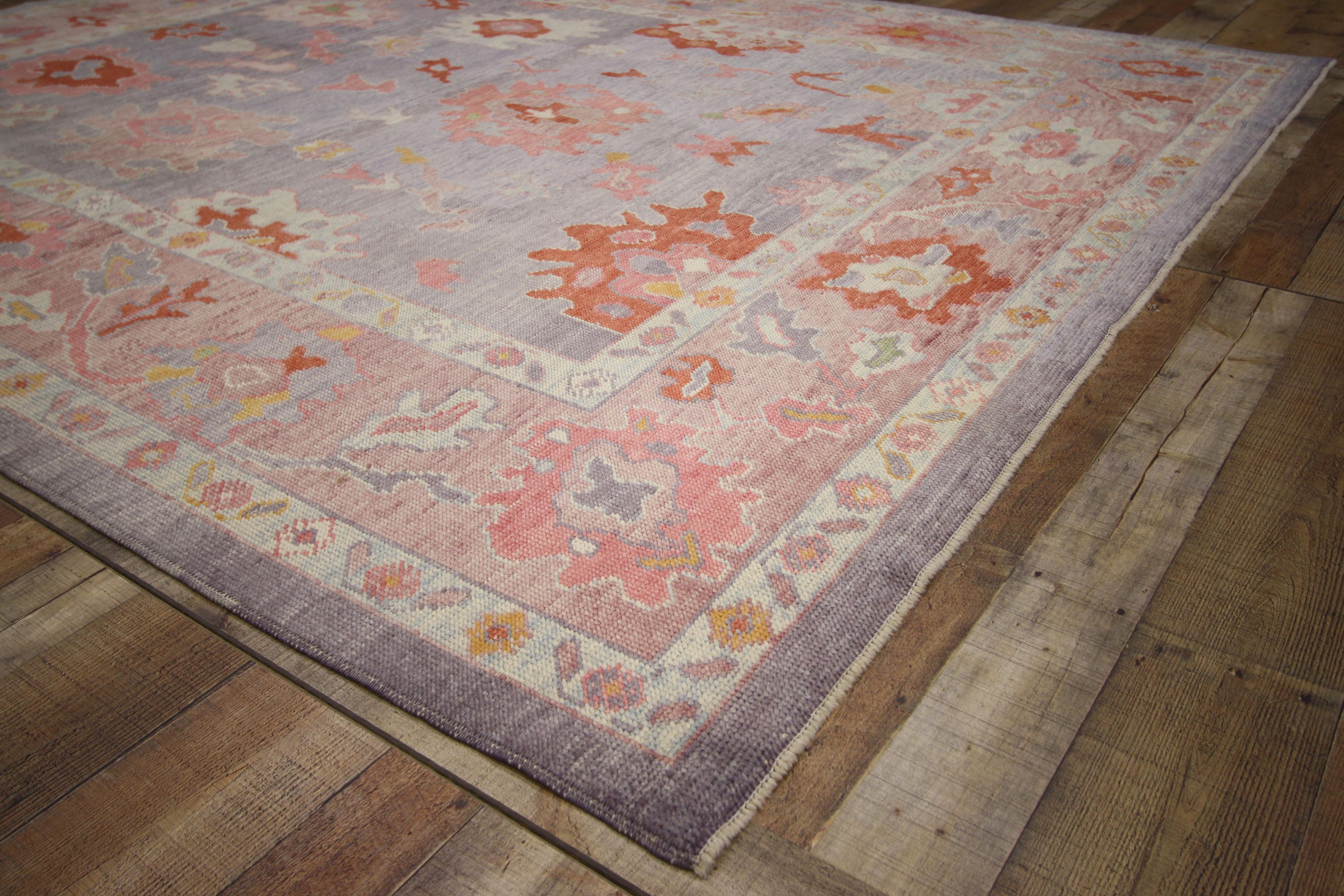 52372 contemporary Turkish Oushak area rug with modern colors. This hand knotted wool contemporary Turkish Oushak rug features an abstract floral pattern spread across an abrashed purple field. Large expressive palmettes, lanceolate leaves,